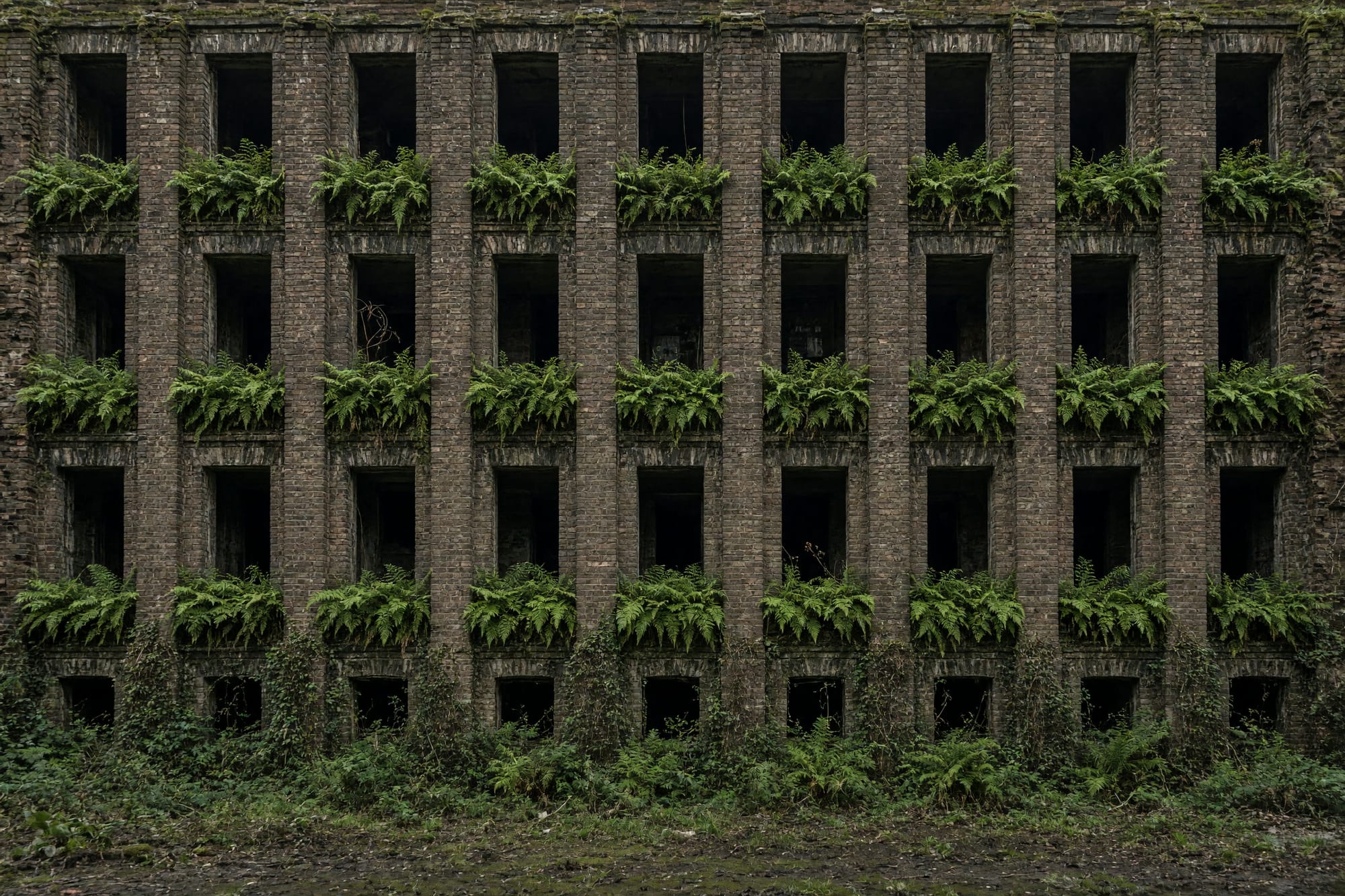 A derelict mill with ferns growing from every window ledge