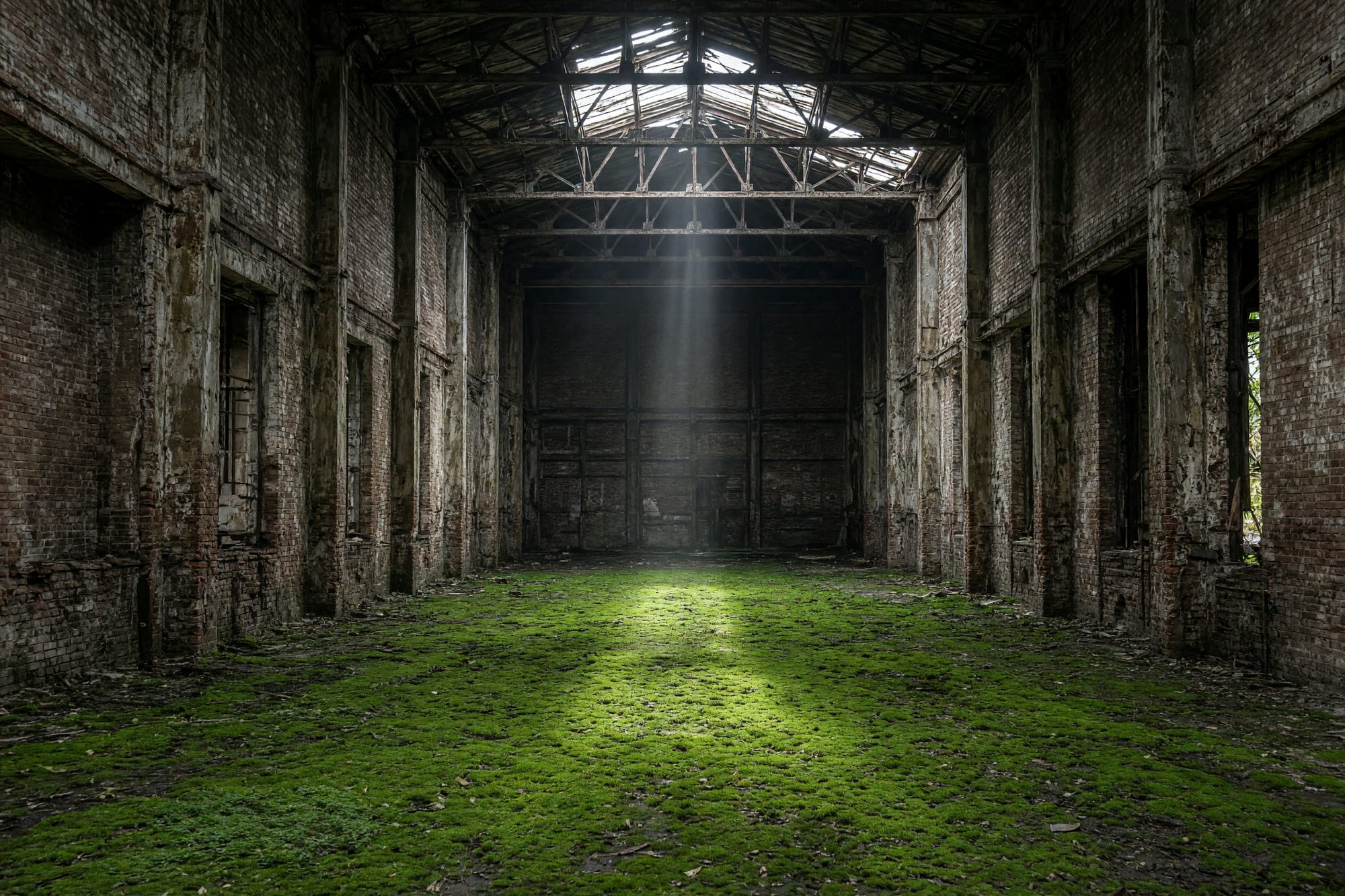 An empty industrial hall with the roof partly open and daylight landing on a floor of moss