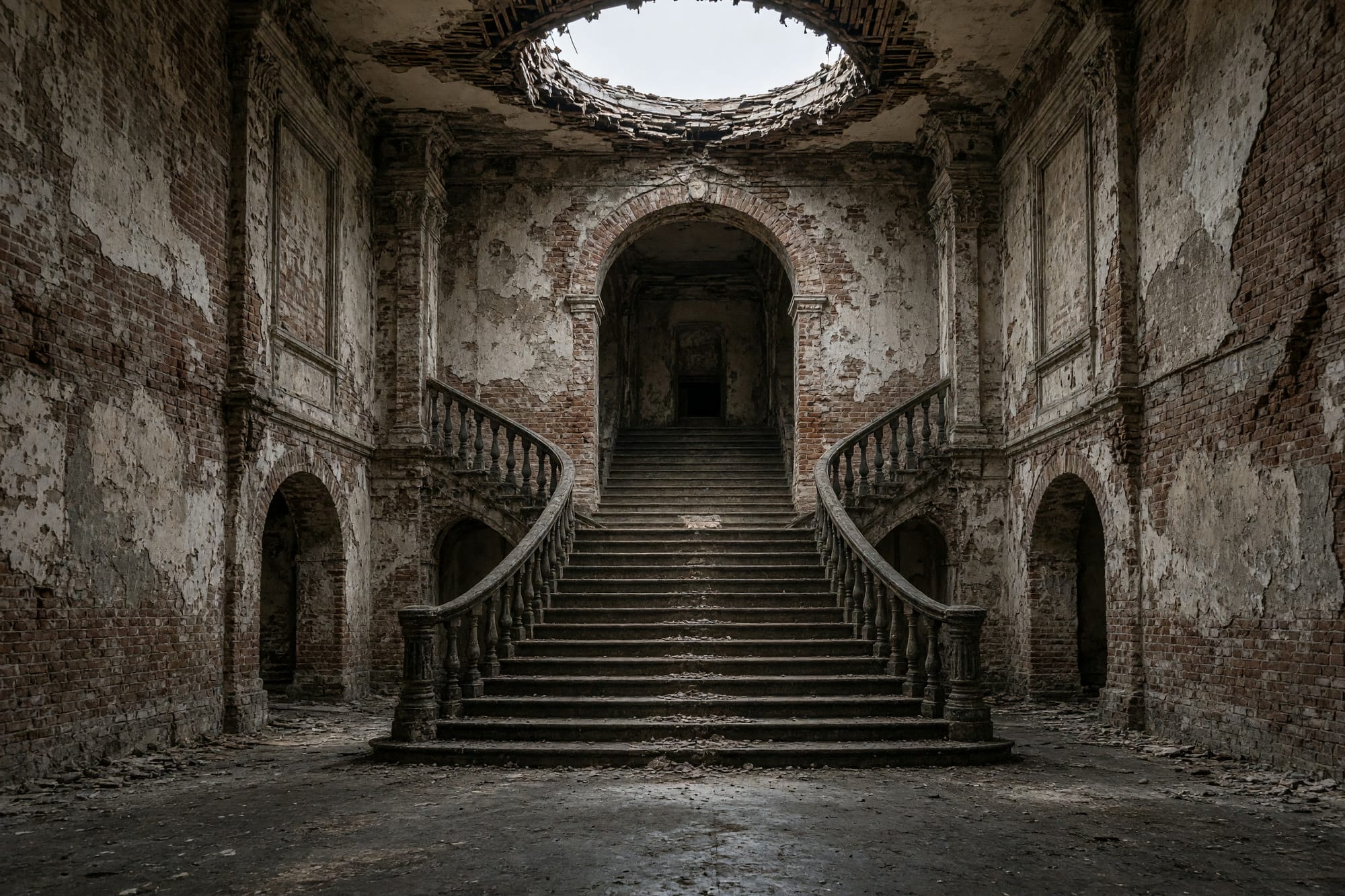 A grand stair hall with the plaster gone, brick showing, light from a hole in the roof