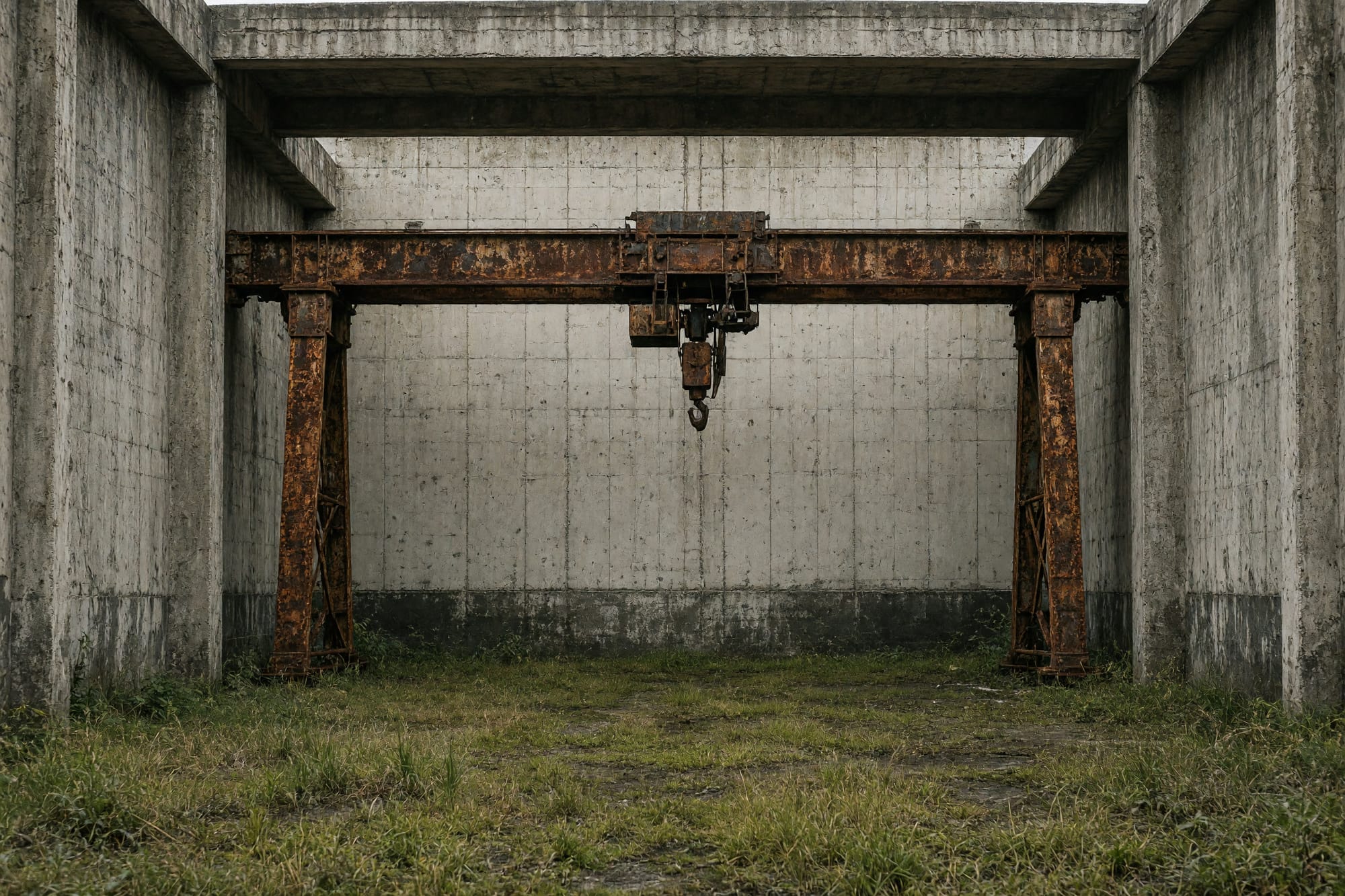 A rusted gantry crane inside a roofless shed with grass beneath it