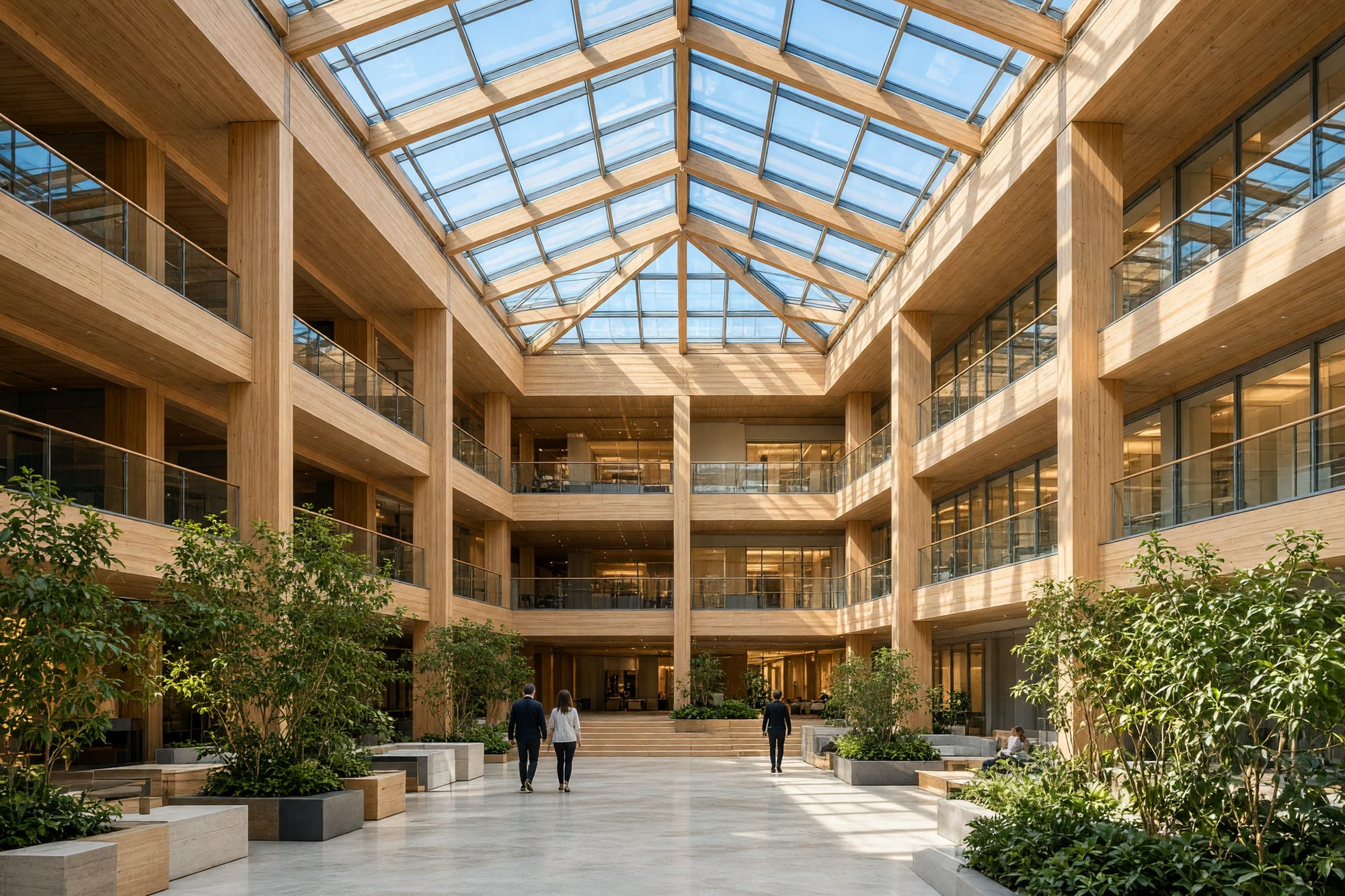 The full-height atrium looking up through the timber structure to a glazed roof