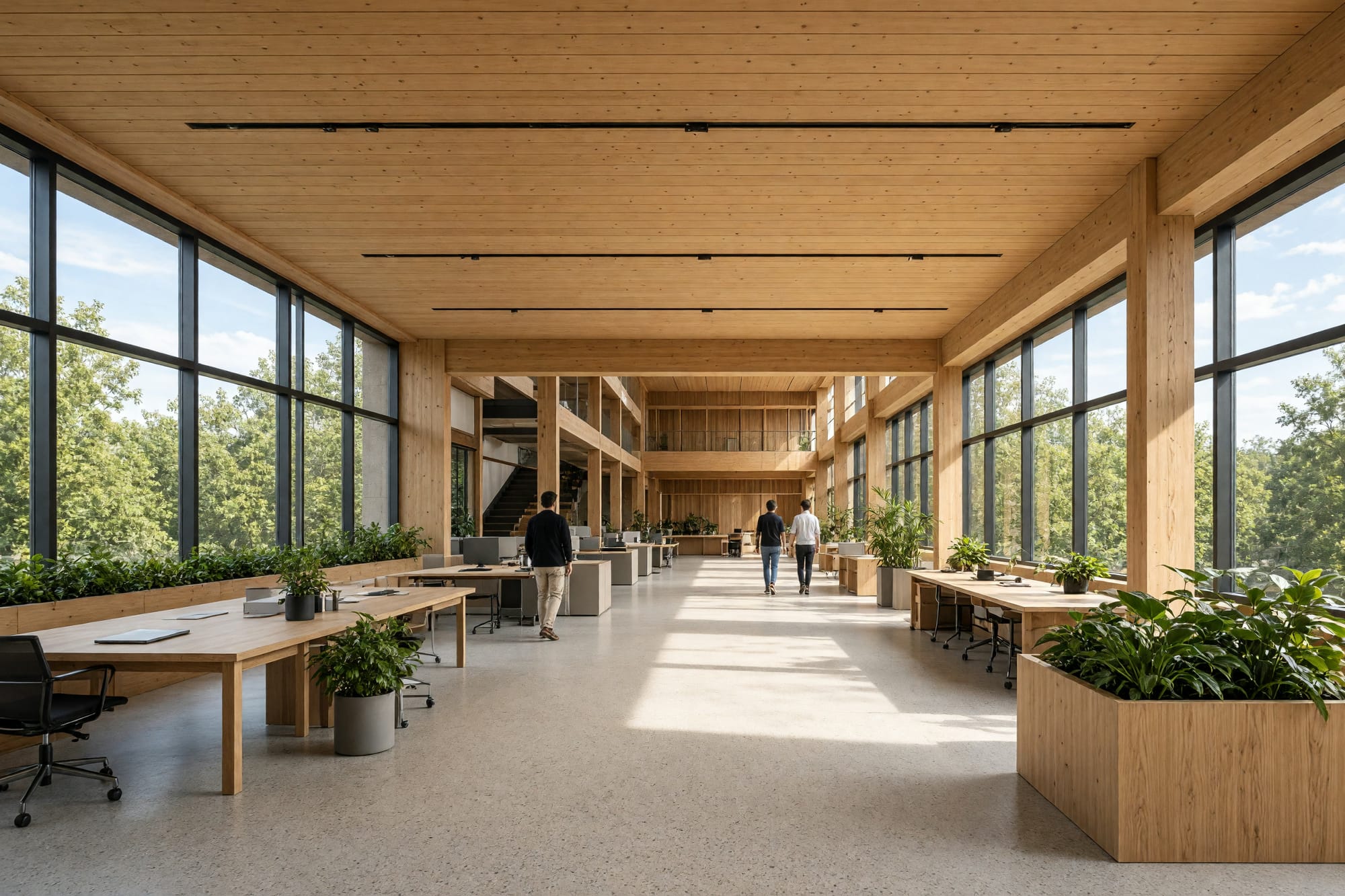 An open working floor with daylight from both sides, low furniture and people at distance