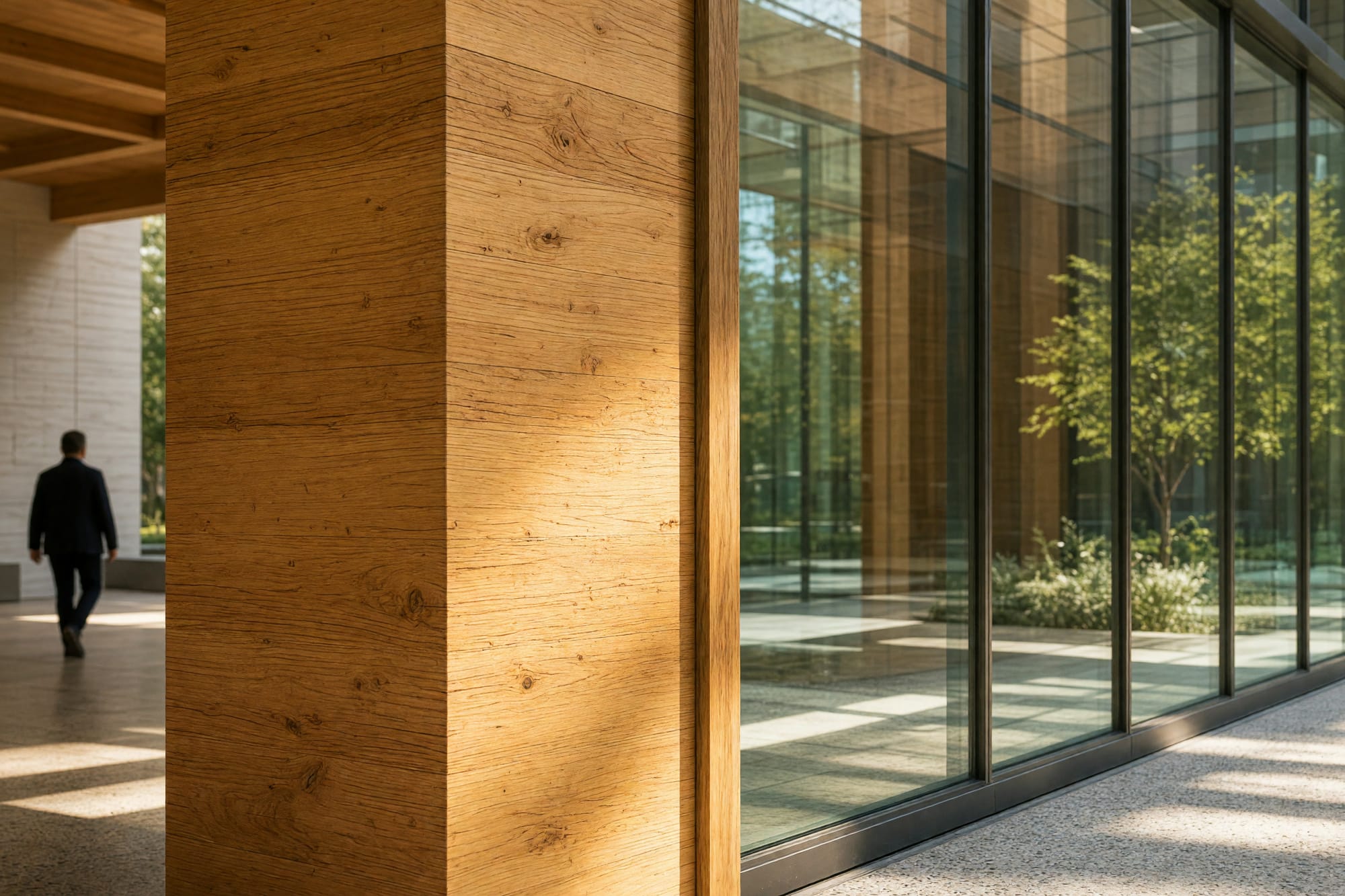 The junction where a timber column meets the glazed facade, sunlight raking across the grain