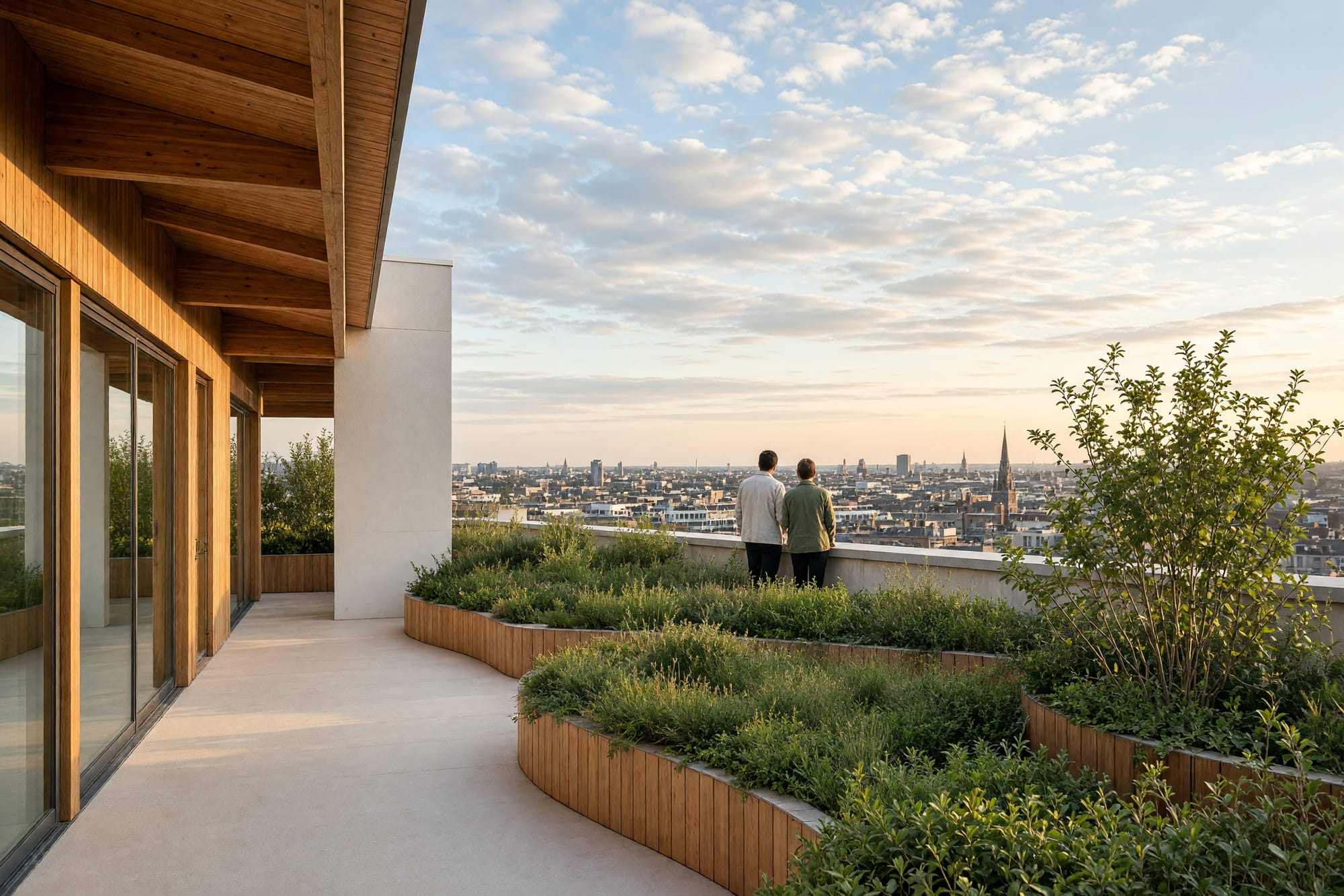 A roof terrace with planting and a view over the city in warm evening light
