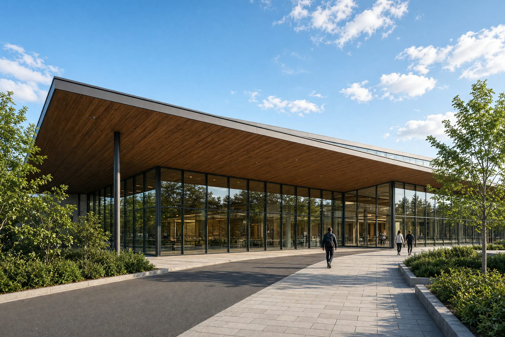 A long low terminal building with a deep timber soffit and a canopy over the drop-off