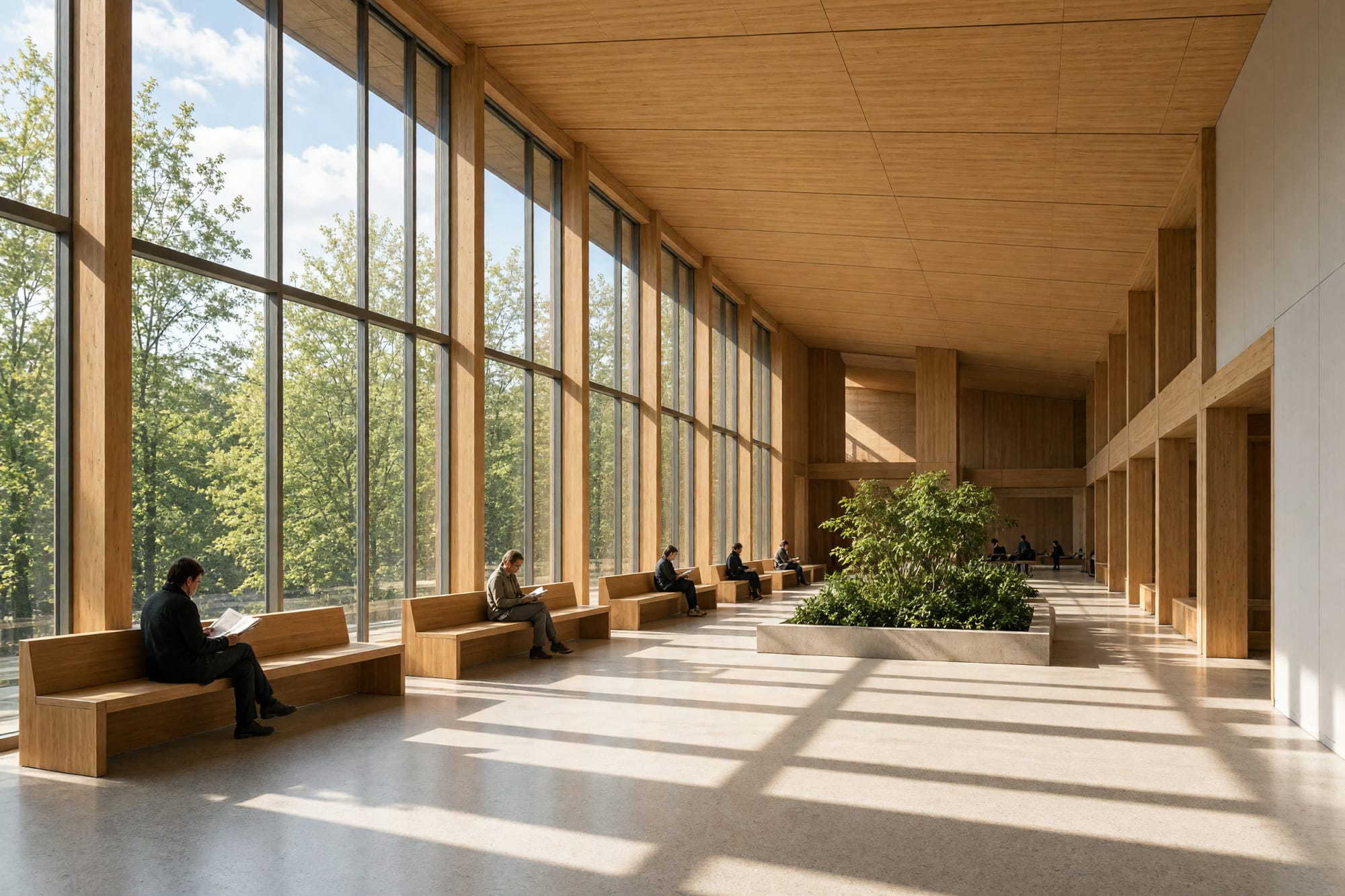 A waiting hall with fixed timber benches along the glazing and people seated at distance