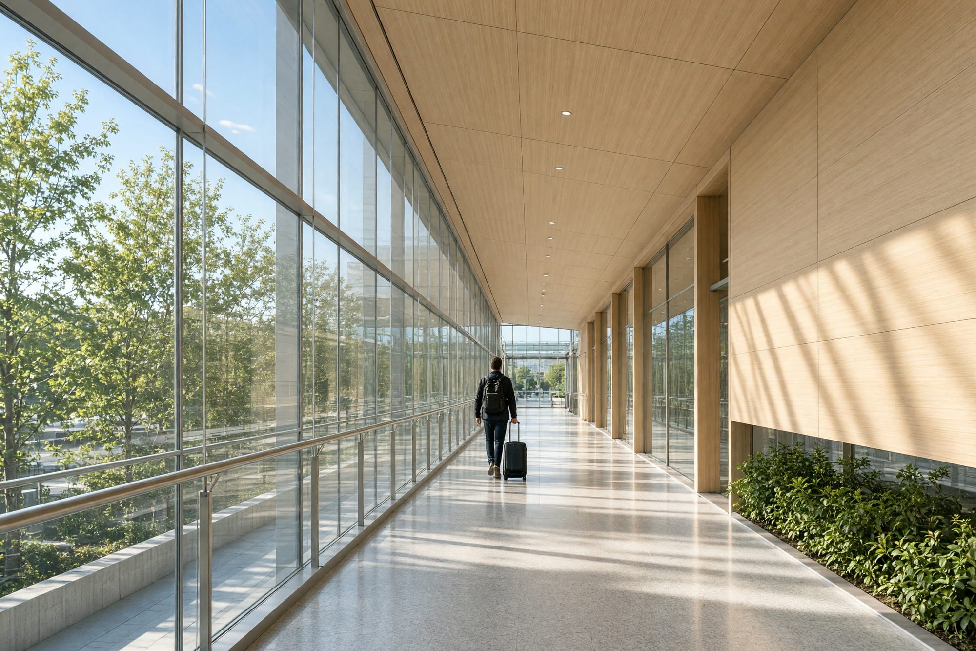 A glazed boarding bridge with one traveller walking away from camera