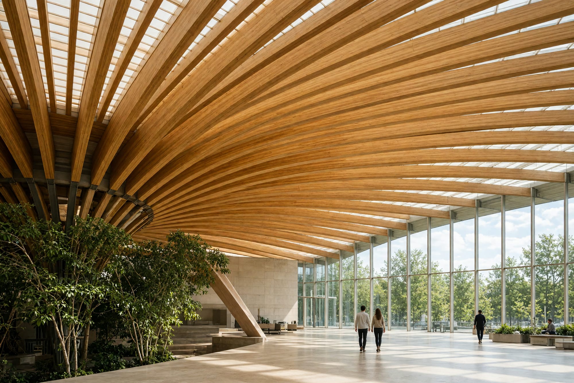 The roof structure from below with laminated timber beams fanning out