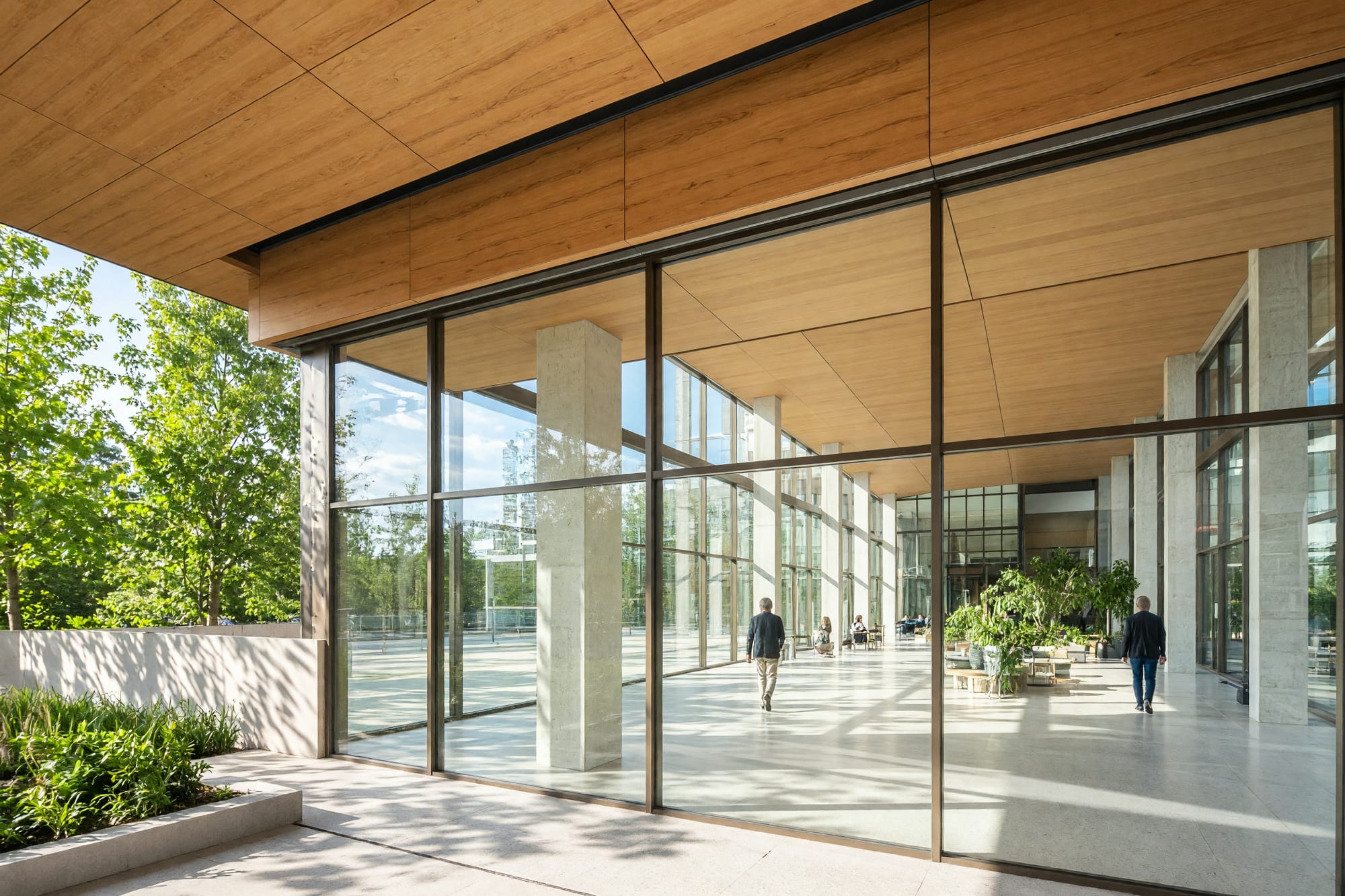 The junction where a timber soffit meets the glazed facade head in sunlight