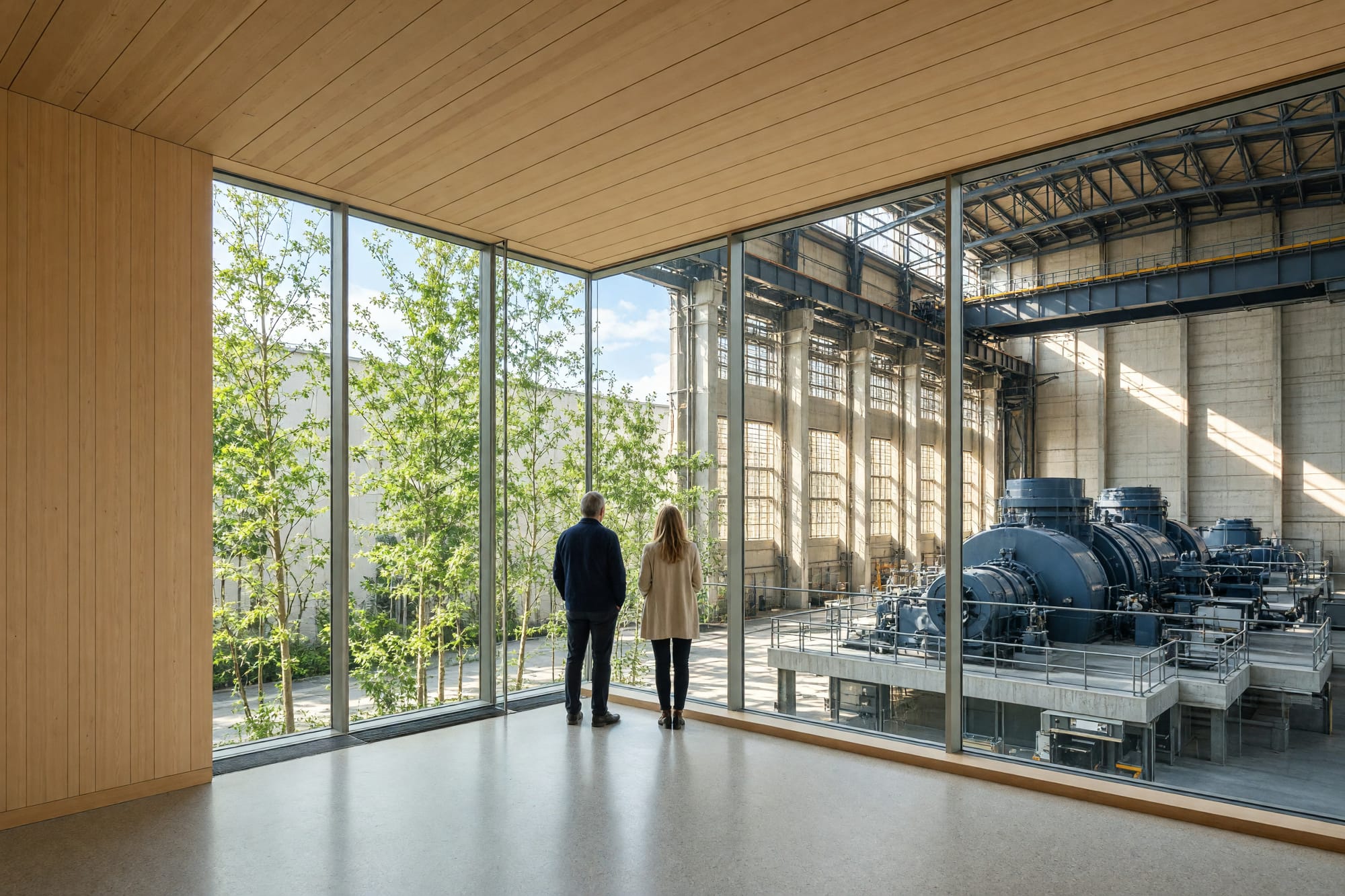 A glazed timber-lined public viewing gallery looking into a turbine hall with two visitors at the glass