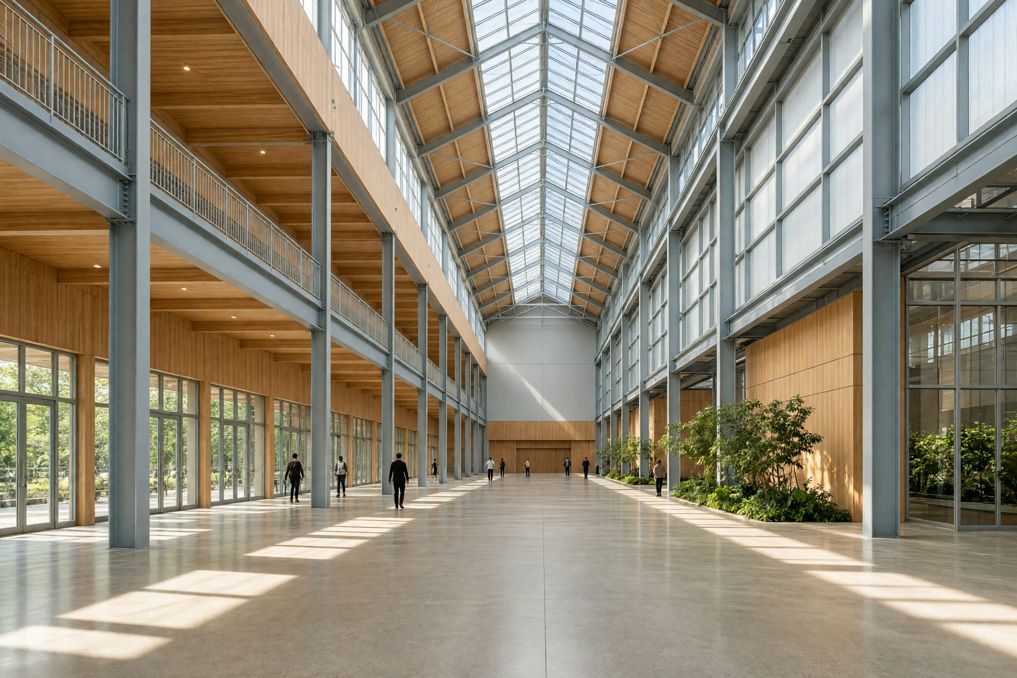 A vast clean turbine hall in painted steel lit by a high clerestory