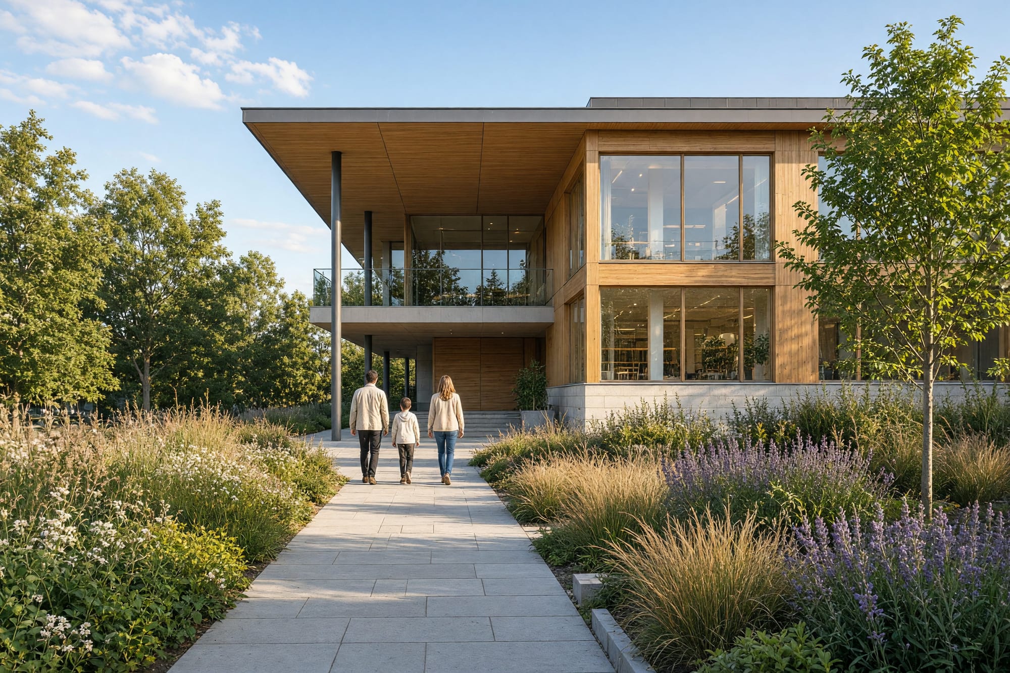 An approach path through planting with the building rising beyond and a family walking at distance