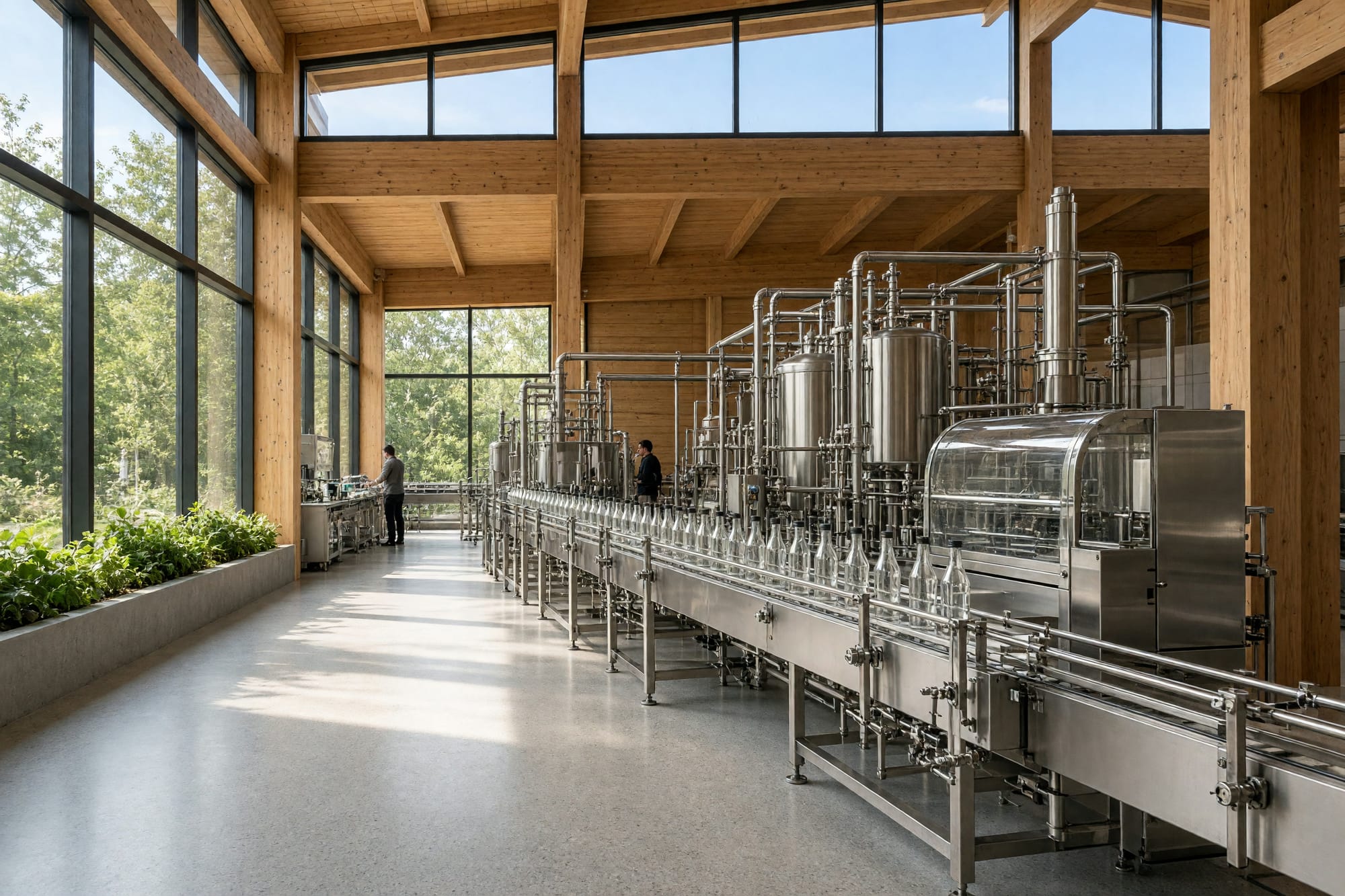 A stainless bottling line lit by a clerestory band above