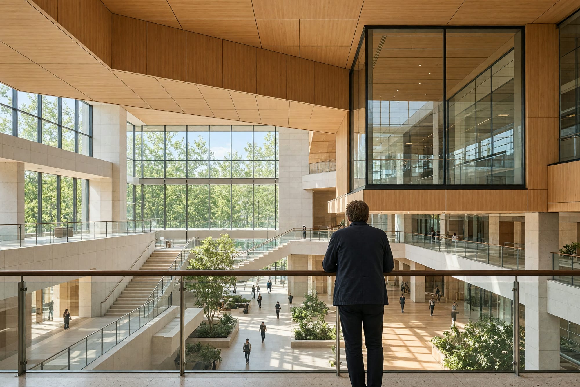 A glazed mezzanine office looking down over the production hall with one person at the rail