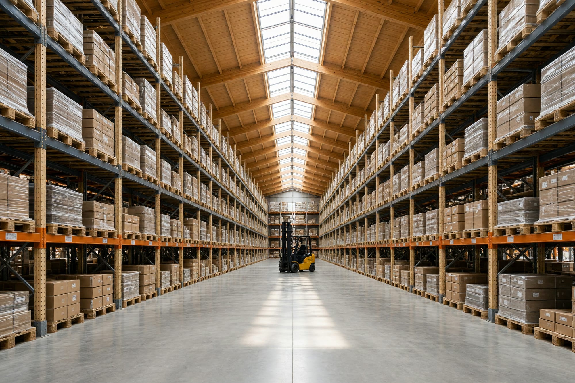 A tall orderly warehouse racking bay lit by a rooflight strip with a forklift at distance