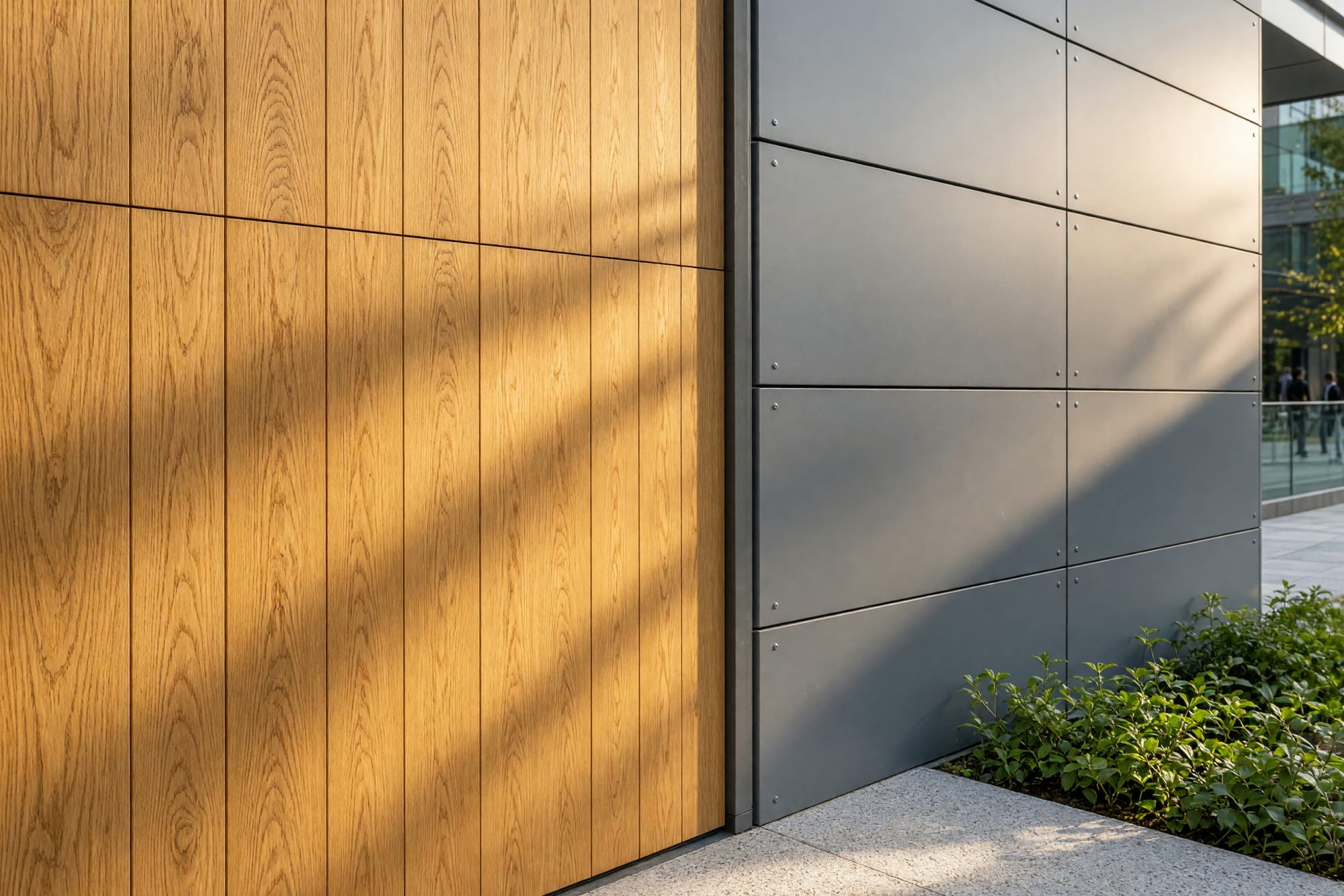 The junction where timber cladding meets a metal rainscreen in raking sun