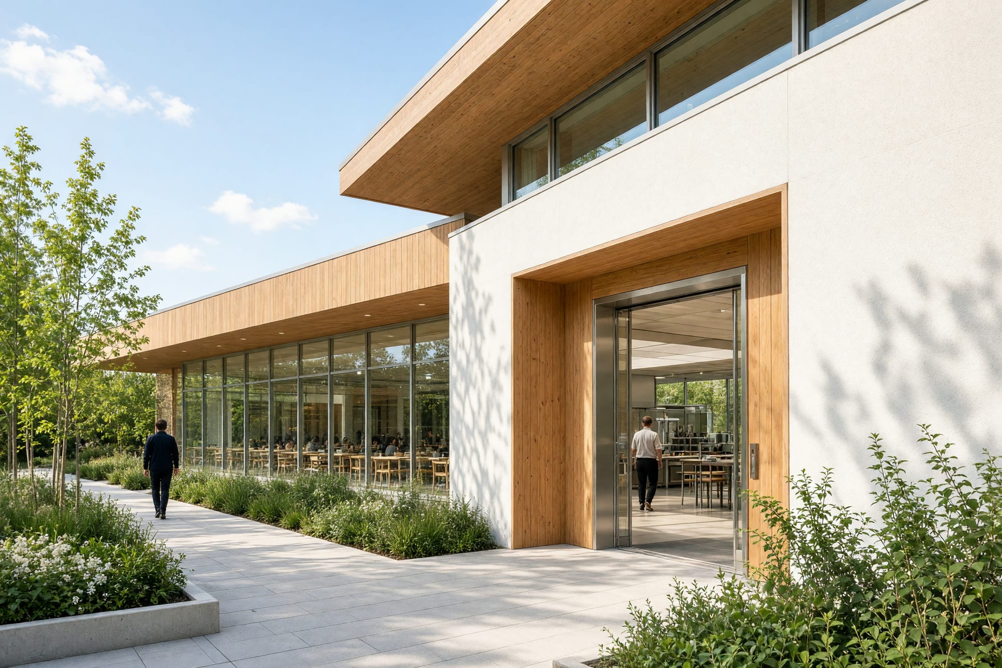 A staff entrance and canteen with timber, planting and daylight