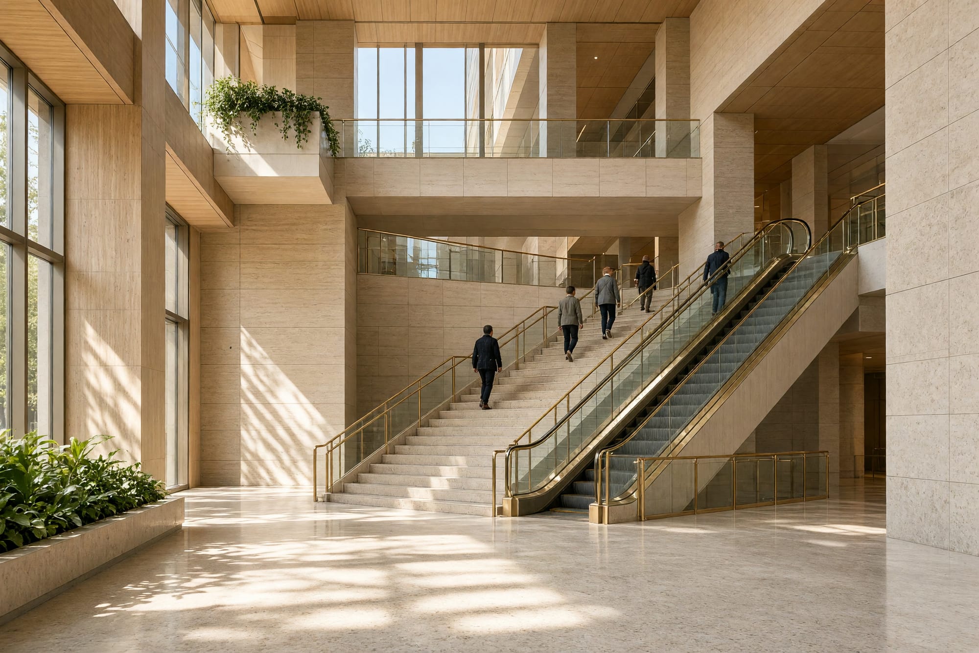 A stair and escalator hall in pale stone and brass with people ascending at distance