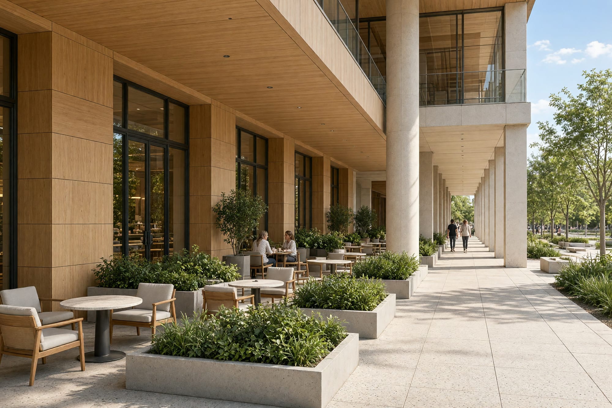 A café spilling out onto the arcade floor with tables, planting and people seated at distance