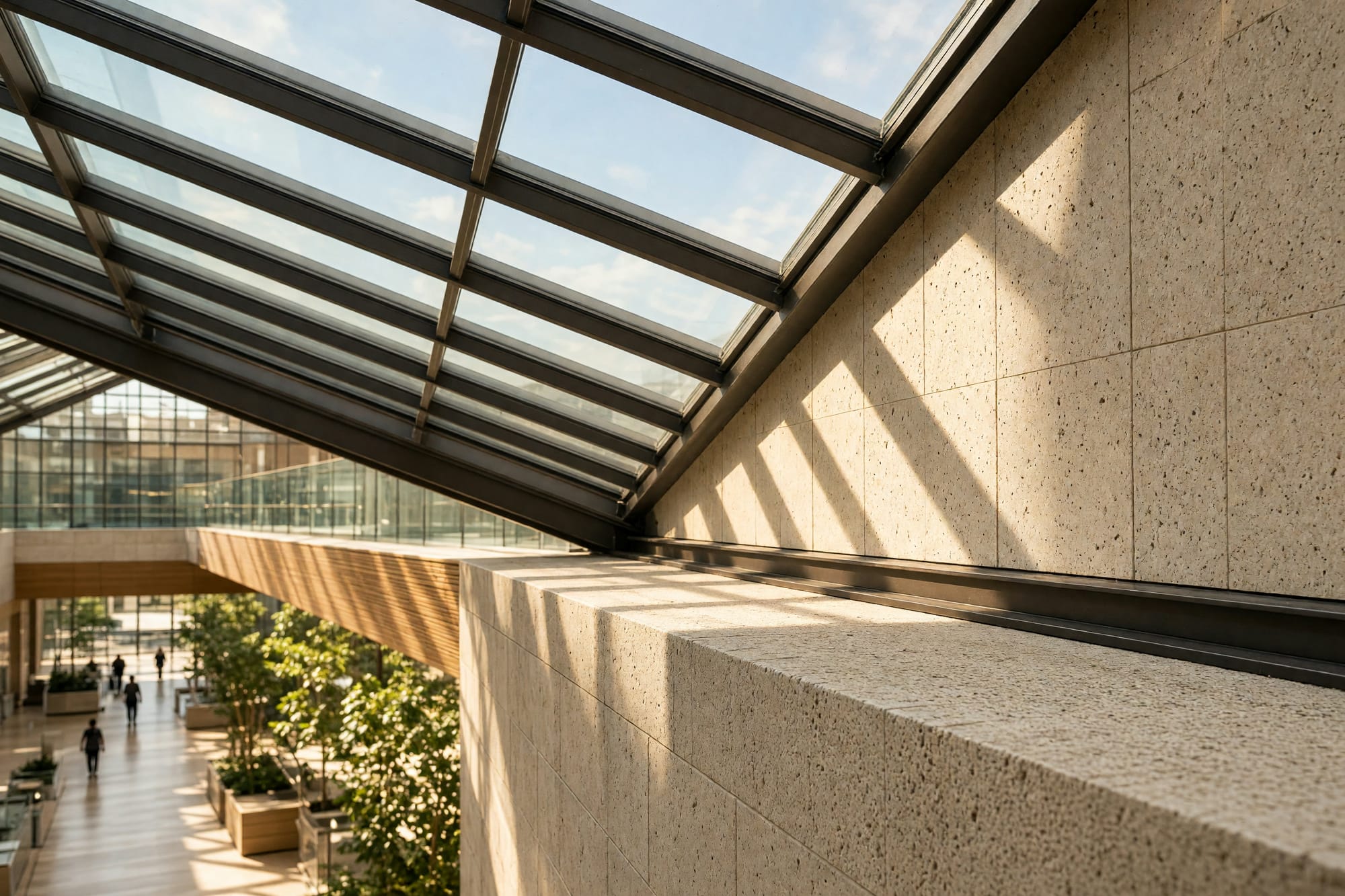 The junction where a glass roof lands on a stone parapet with sunlight through it