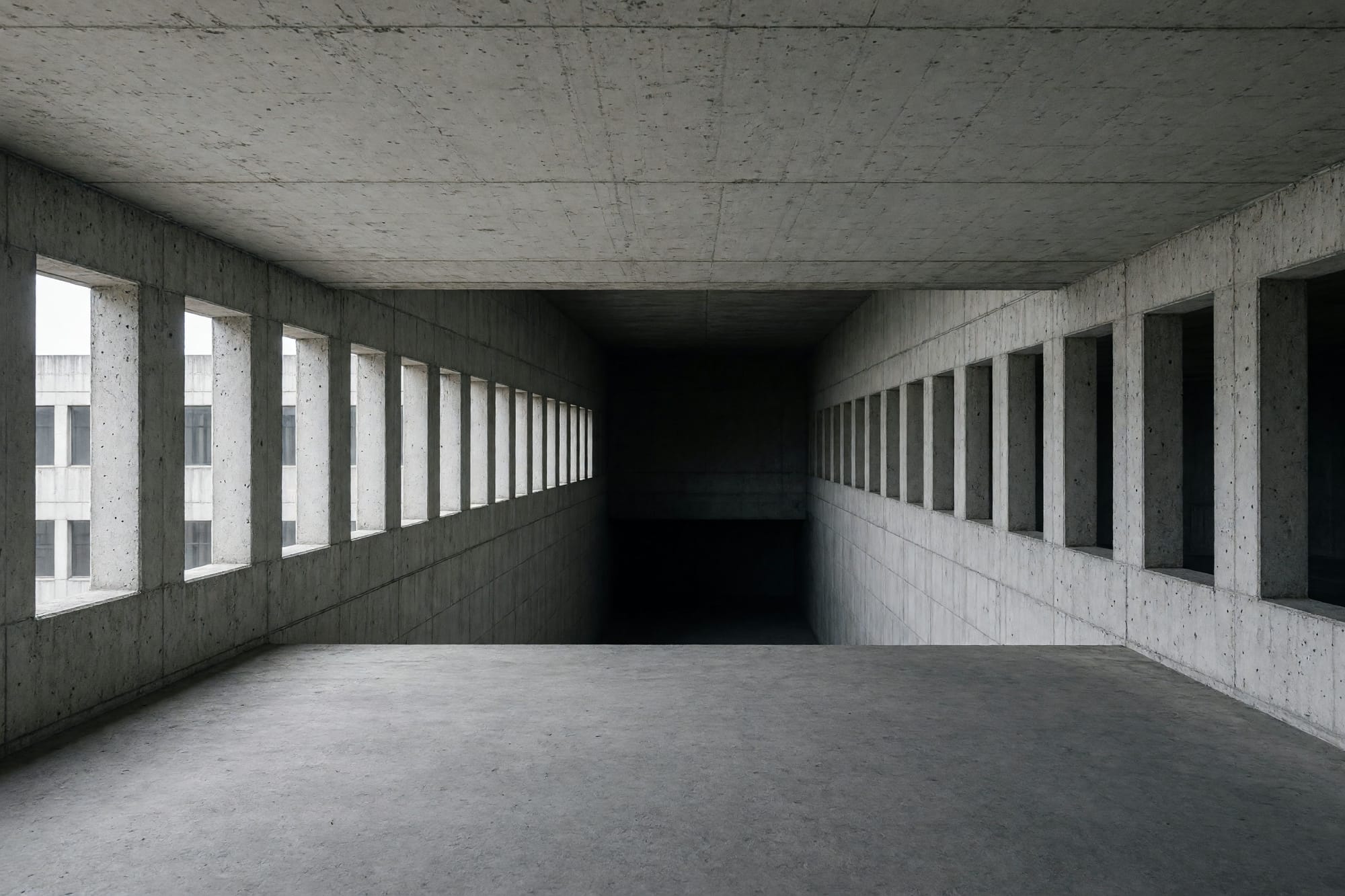 An access deck receding into shadow with a rhythm of balustrade openings