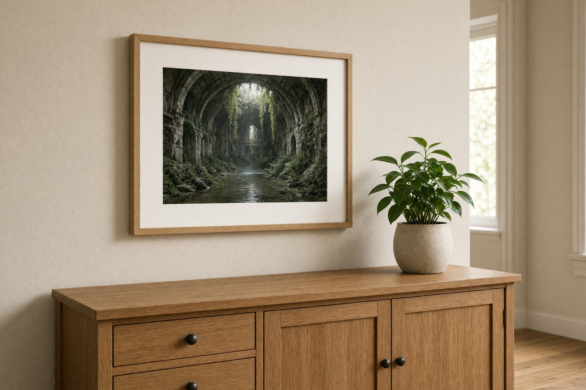 The Flooded Vault print framed above a sideboard in a warm hallway