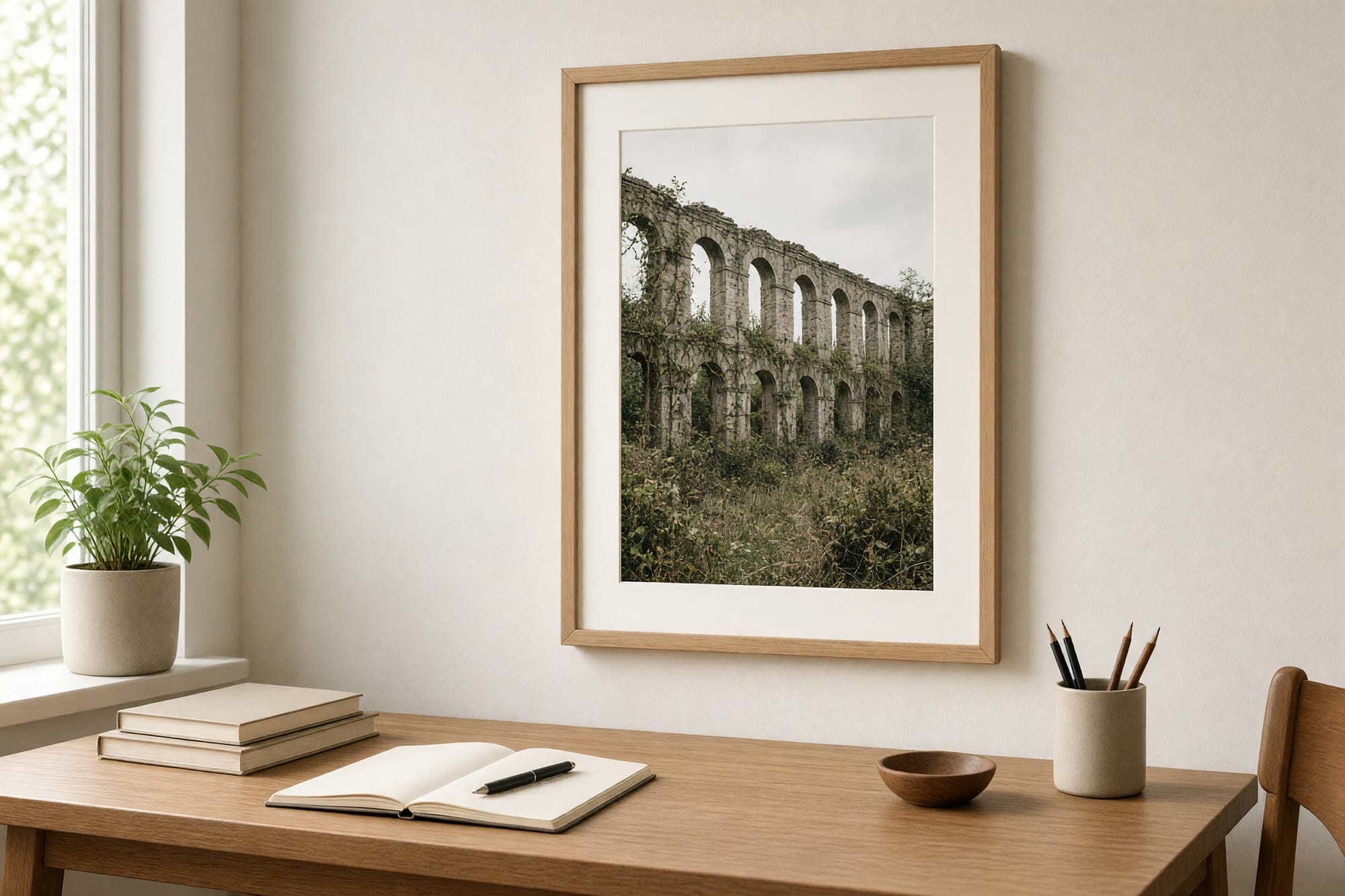 The Openings print framed in a bright study above a desk