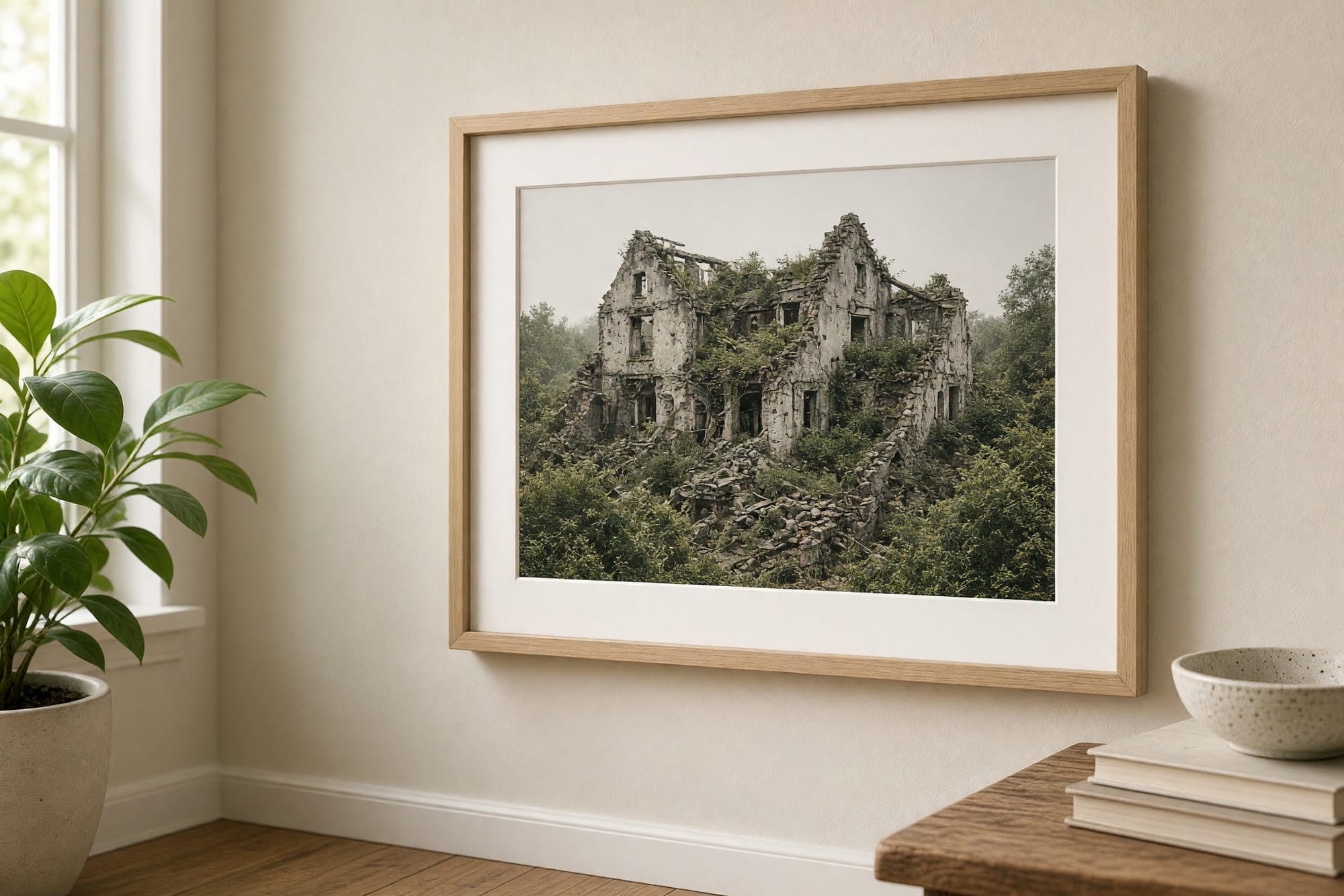 The Chapel print framed in a calm bedroom corner