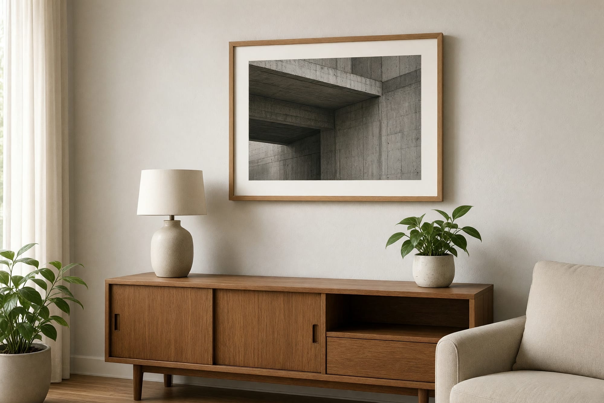 The Terrace print framed in oak on a pale plaster wall above a sideboard
