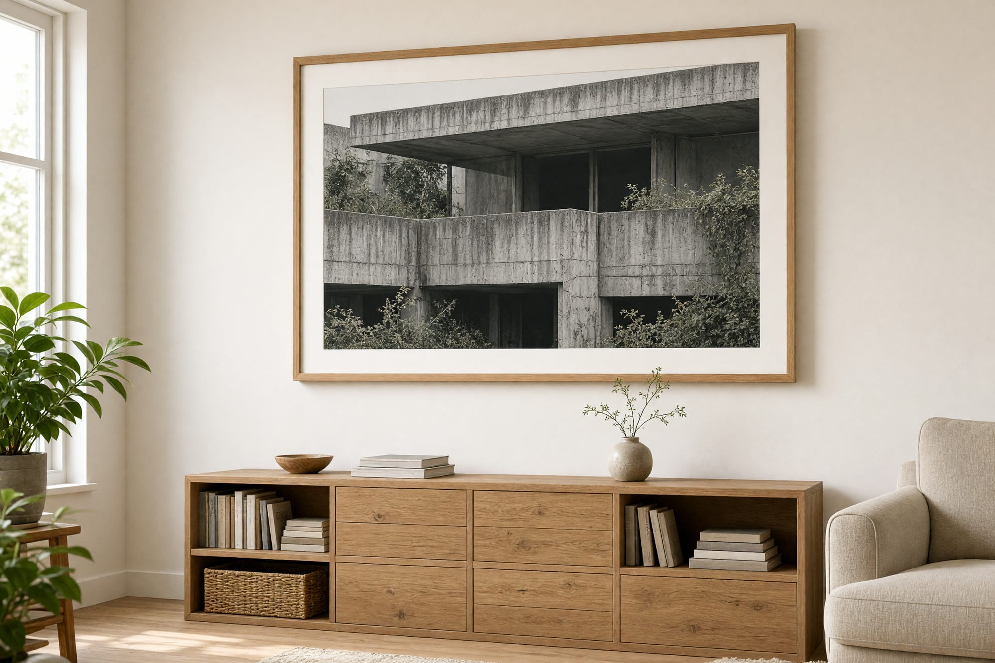 The Stack print framed in oak in a bright living room above a low bookcase