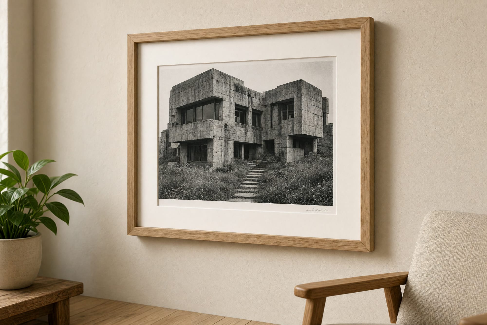 The Elevation print framed in oak in a warm hallway above a bench