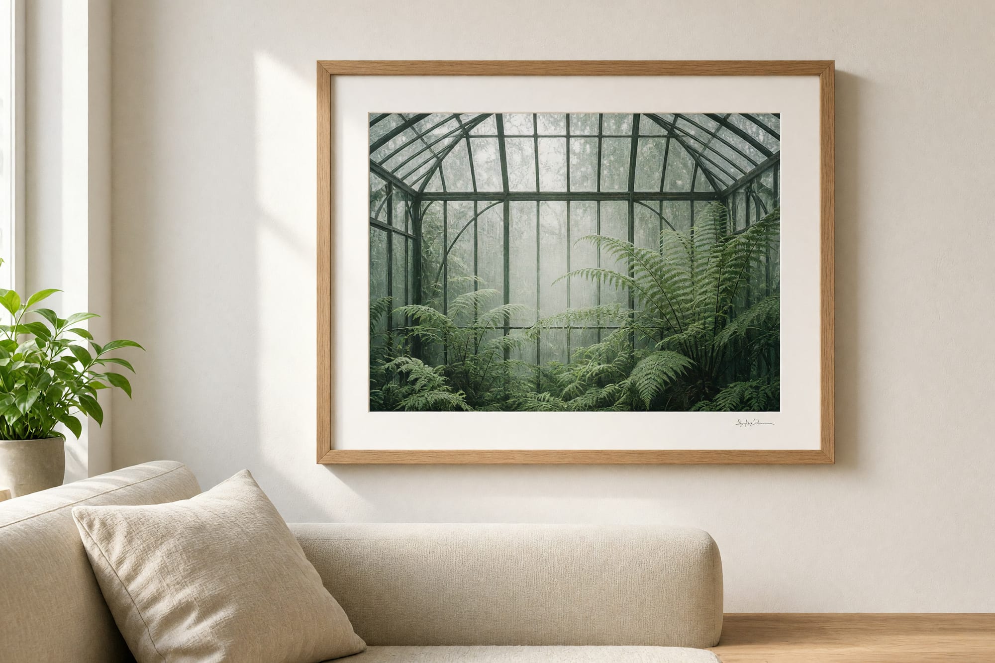 The Ferns print framed in a bright plant-filled living room