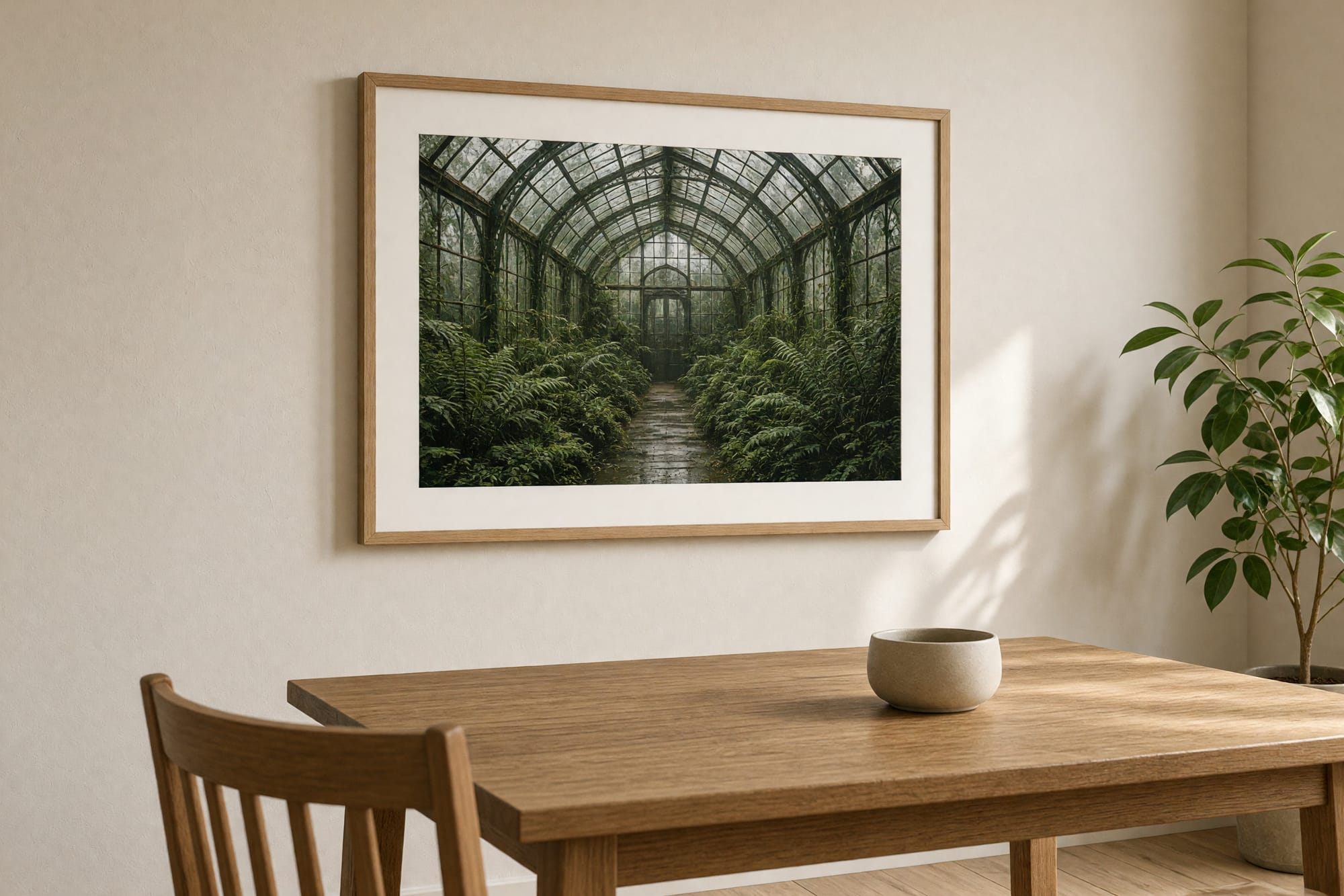 The Long House print framed above a dining table with daylight across it
