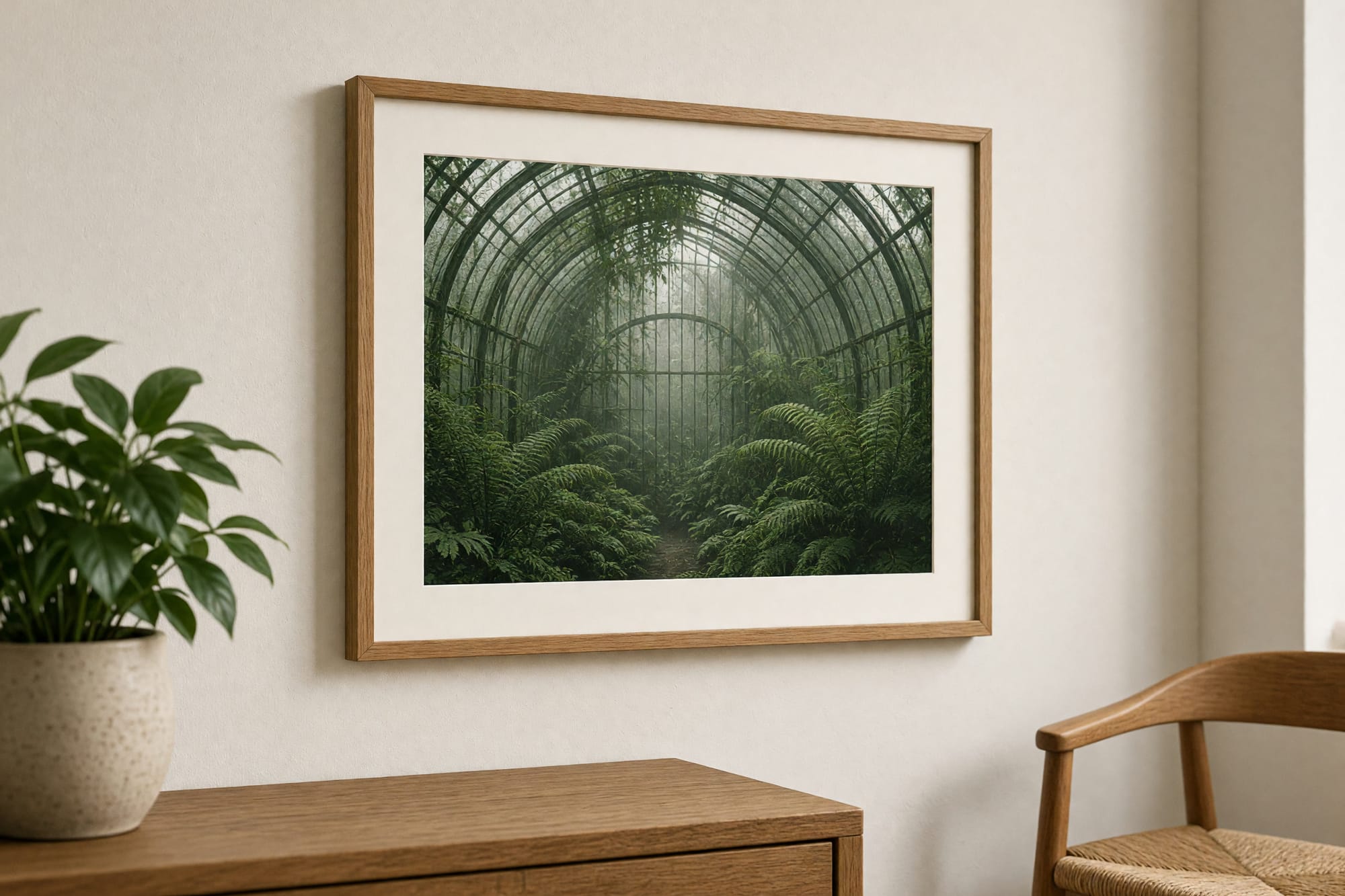 The Lily Pool print framed in a calm hallway with timber