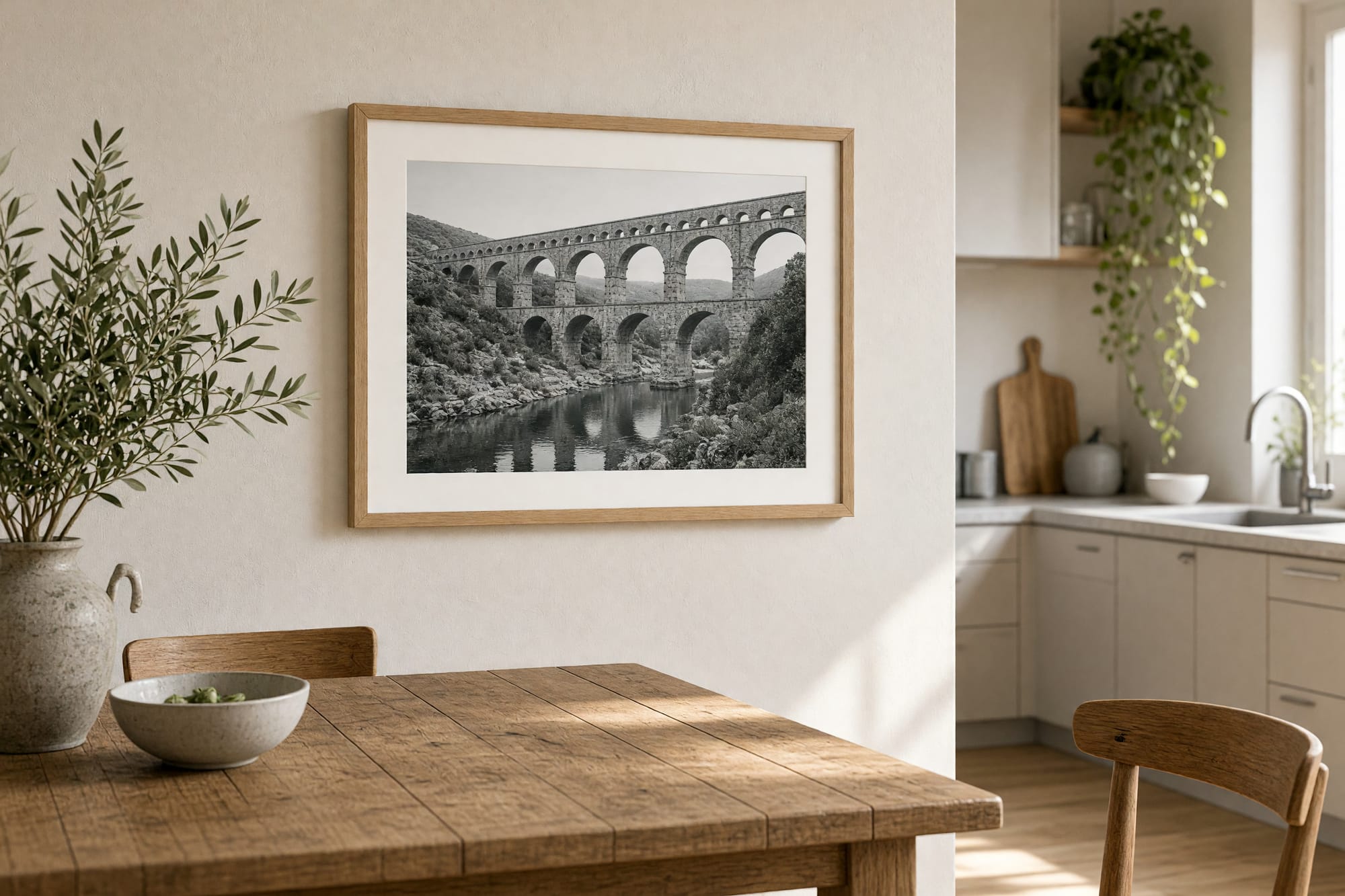 The Aqueduct print framed in a bright kitchen and dining space