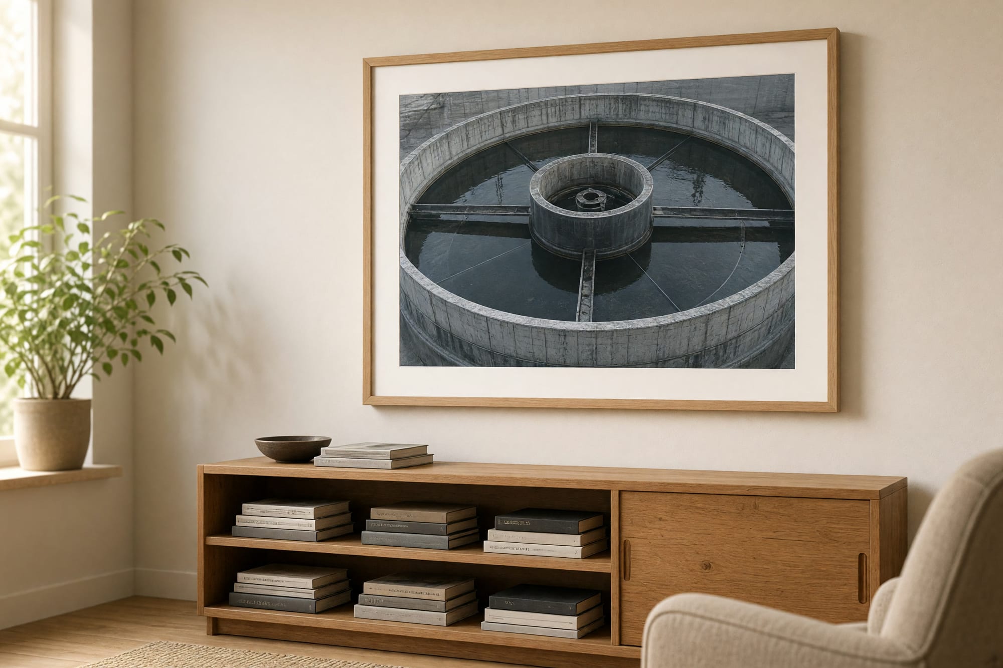 The Filter Bed print framed in a warm living room over a low bookcase
