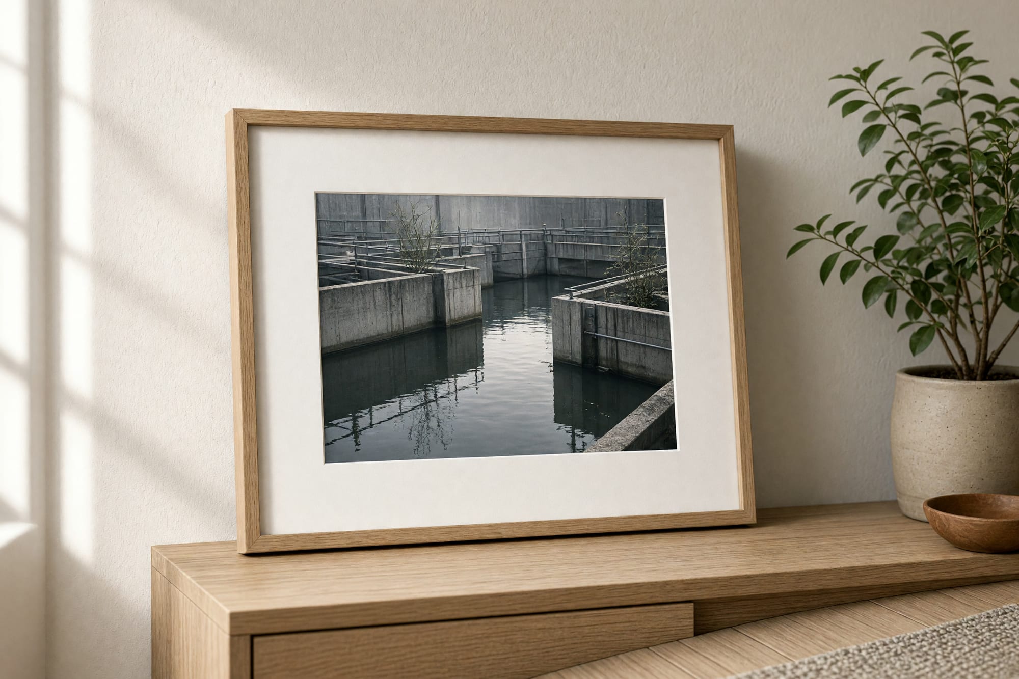 The Bridge print framed in a hallway with a bench and a plant