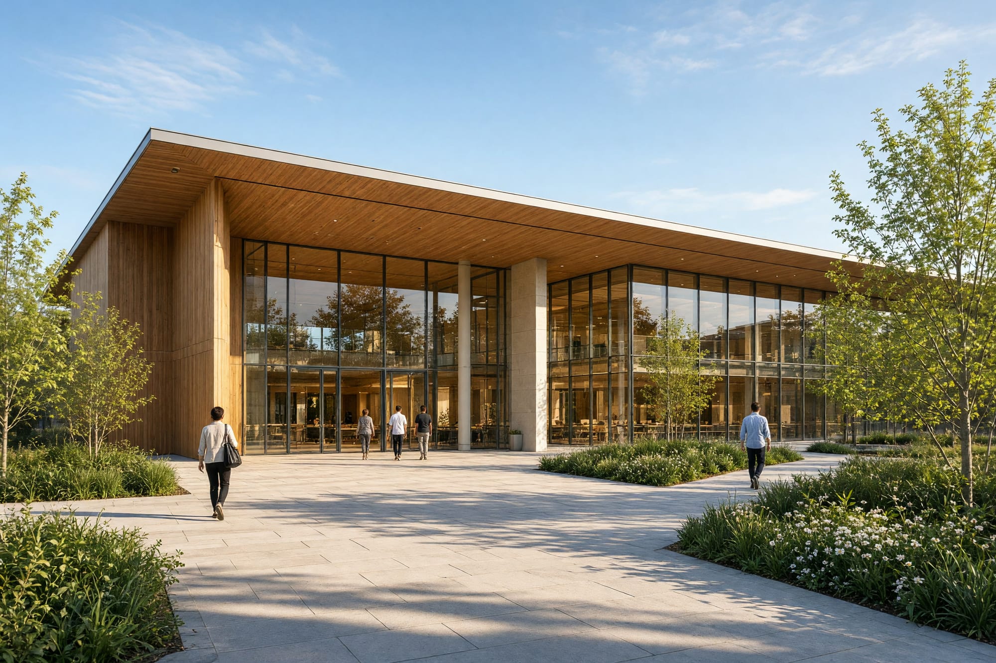 A low timber and glass civic pavilion with a generous entrance and people arriving