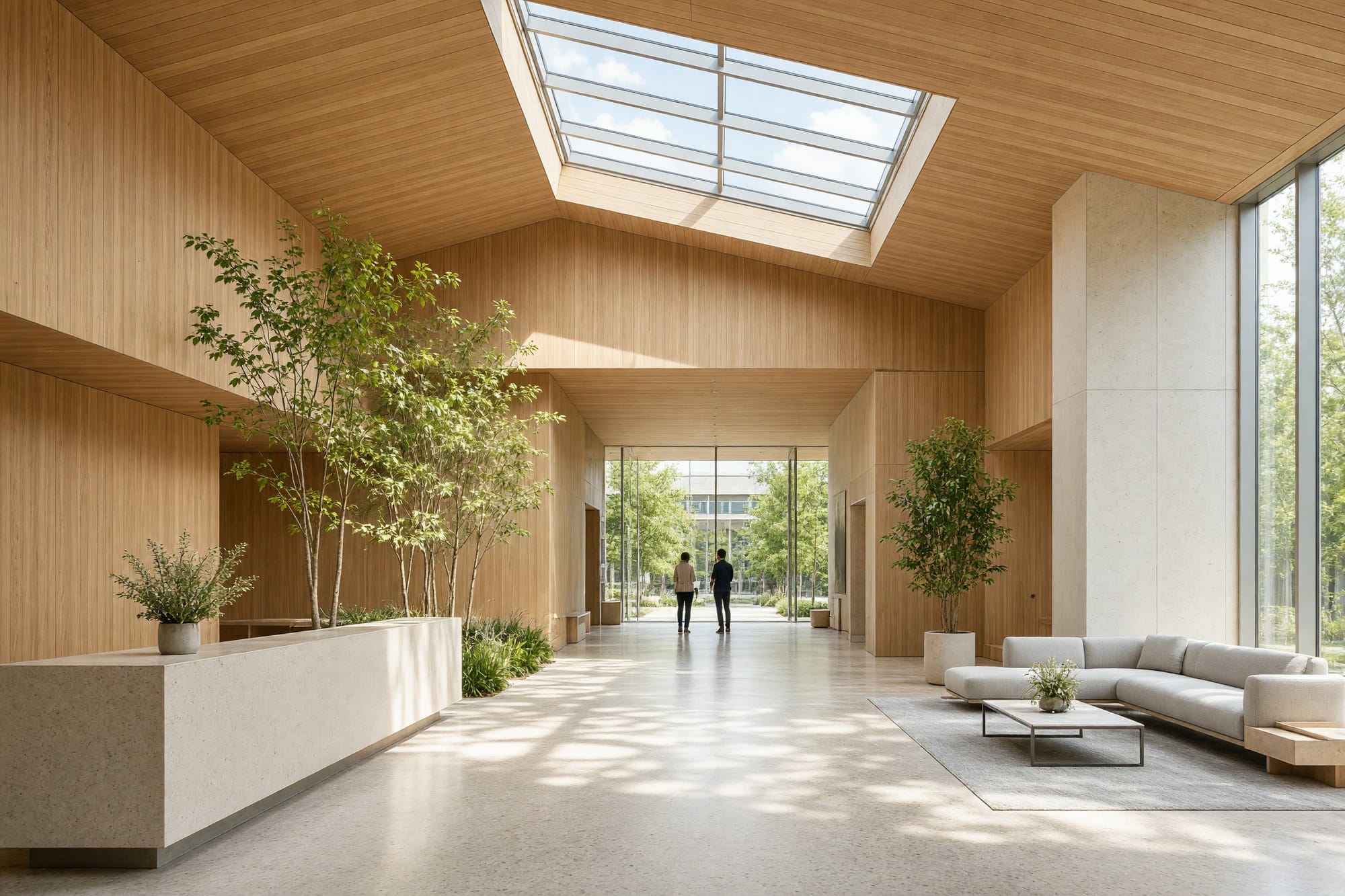 A timber-lined entrance foyer with daylight from a rooflight, a reception desk and low seating