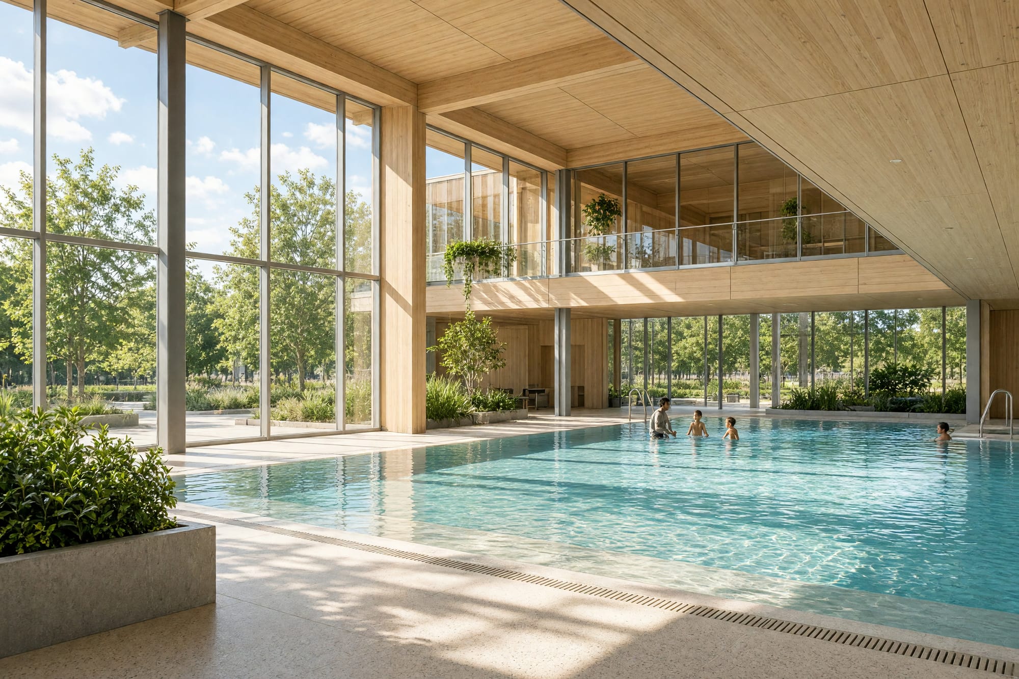 A shallow sunlit learner pool with a swimming lesson in progress at distance