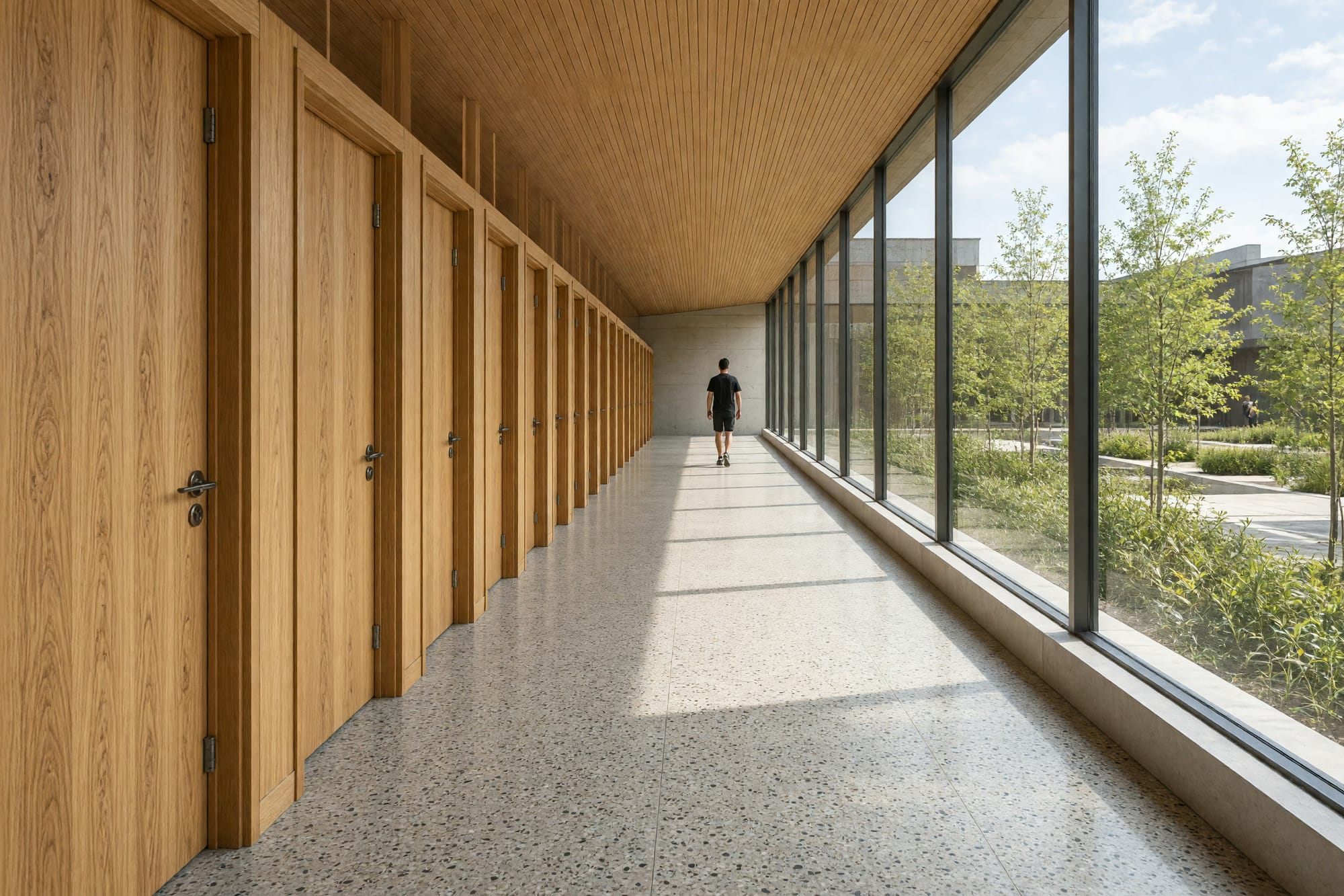 A clean bright changing village with timber cubicle doors and terrazzo, empty
