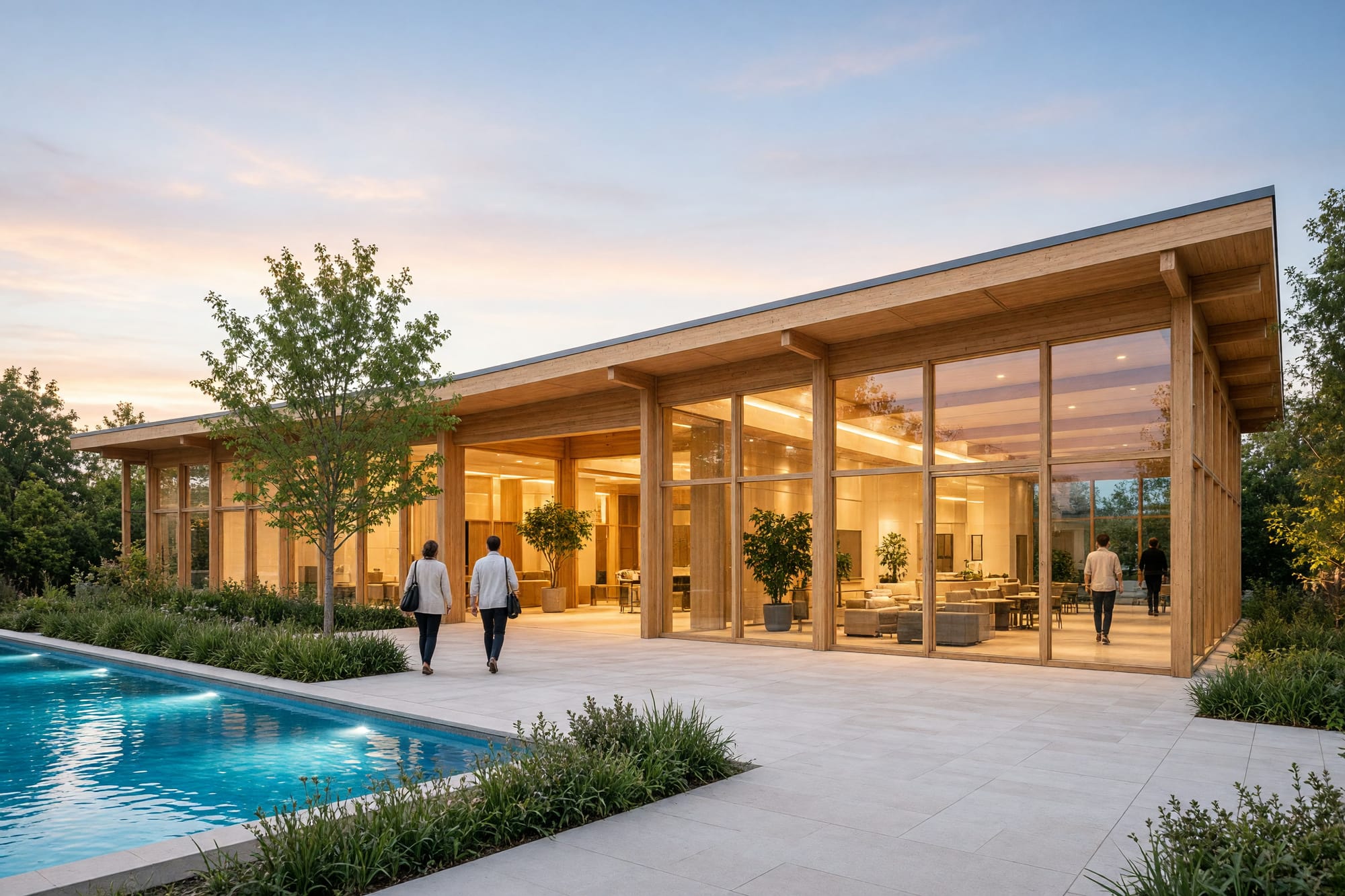 The building at dusk from outside with the interior warmly lit and the pool glowing through the glazing