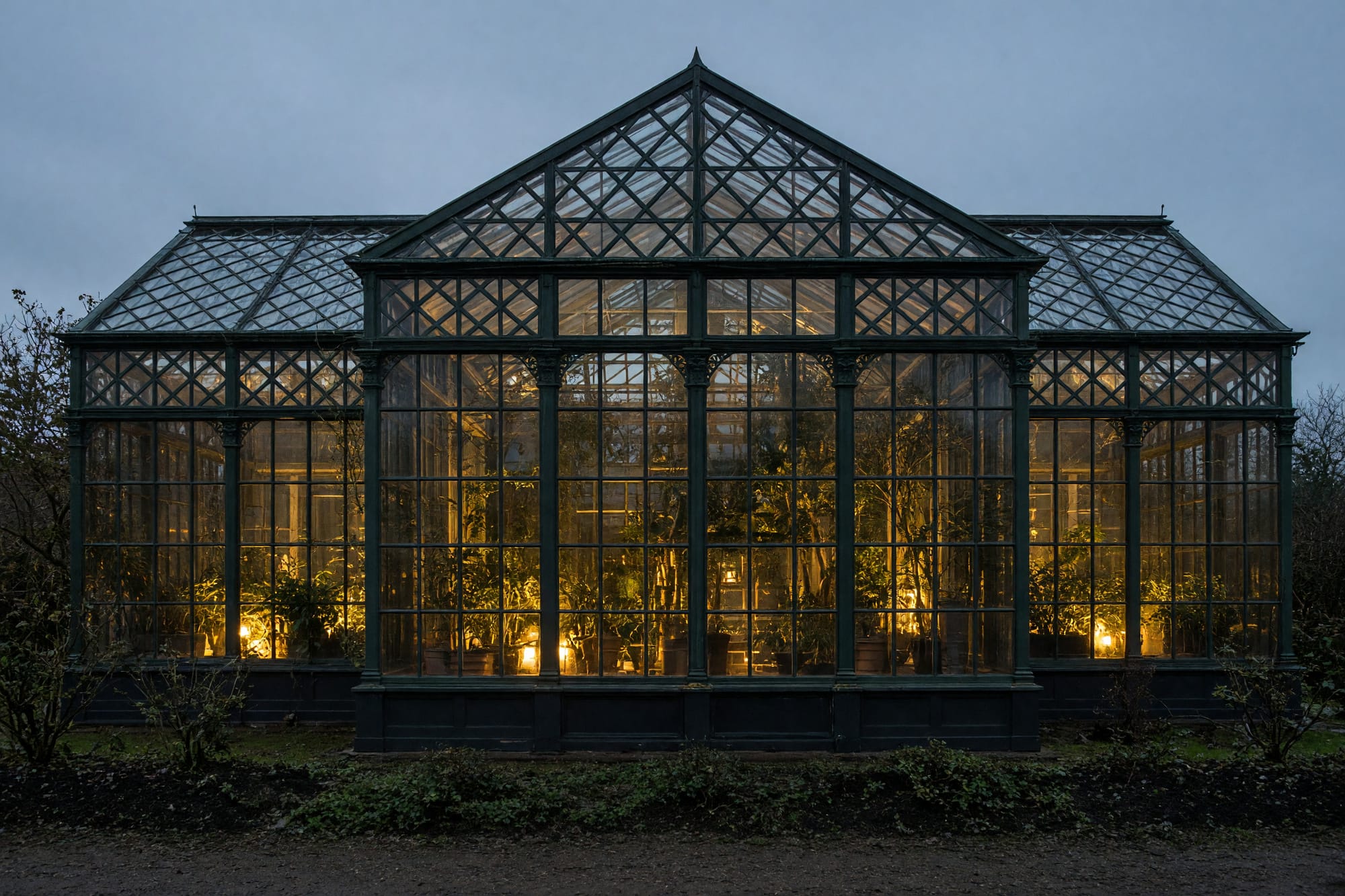 A glasshouse seen from outside at dusk, warmly lit from within, its structure a lattice against the sky