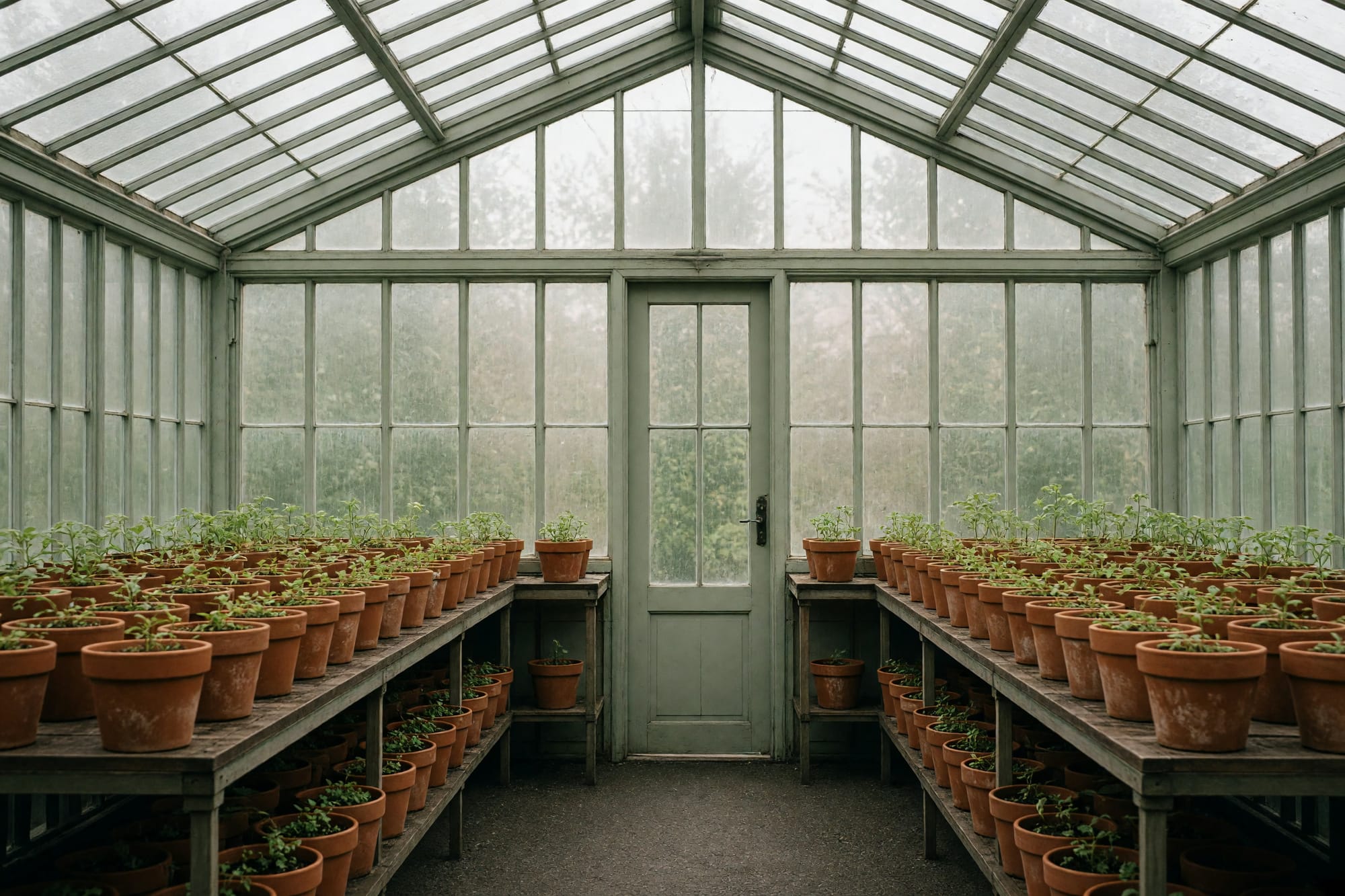A propagation house with rows of terracotta pots on staging in soft light