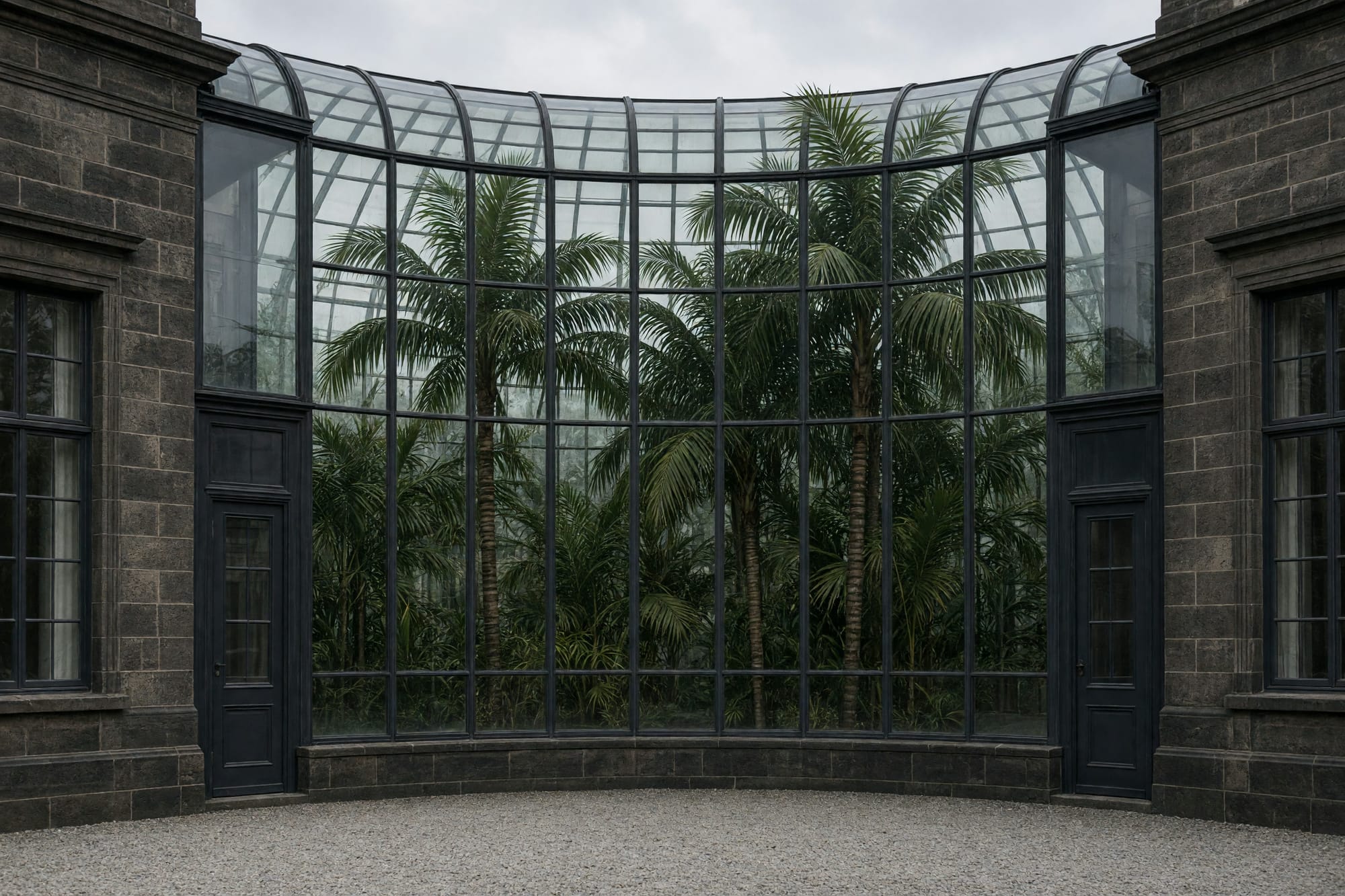 A curved glazed corridor linking two houses with palms pressing against the glass