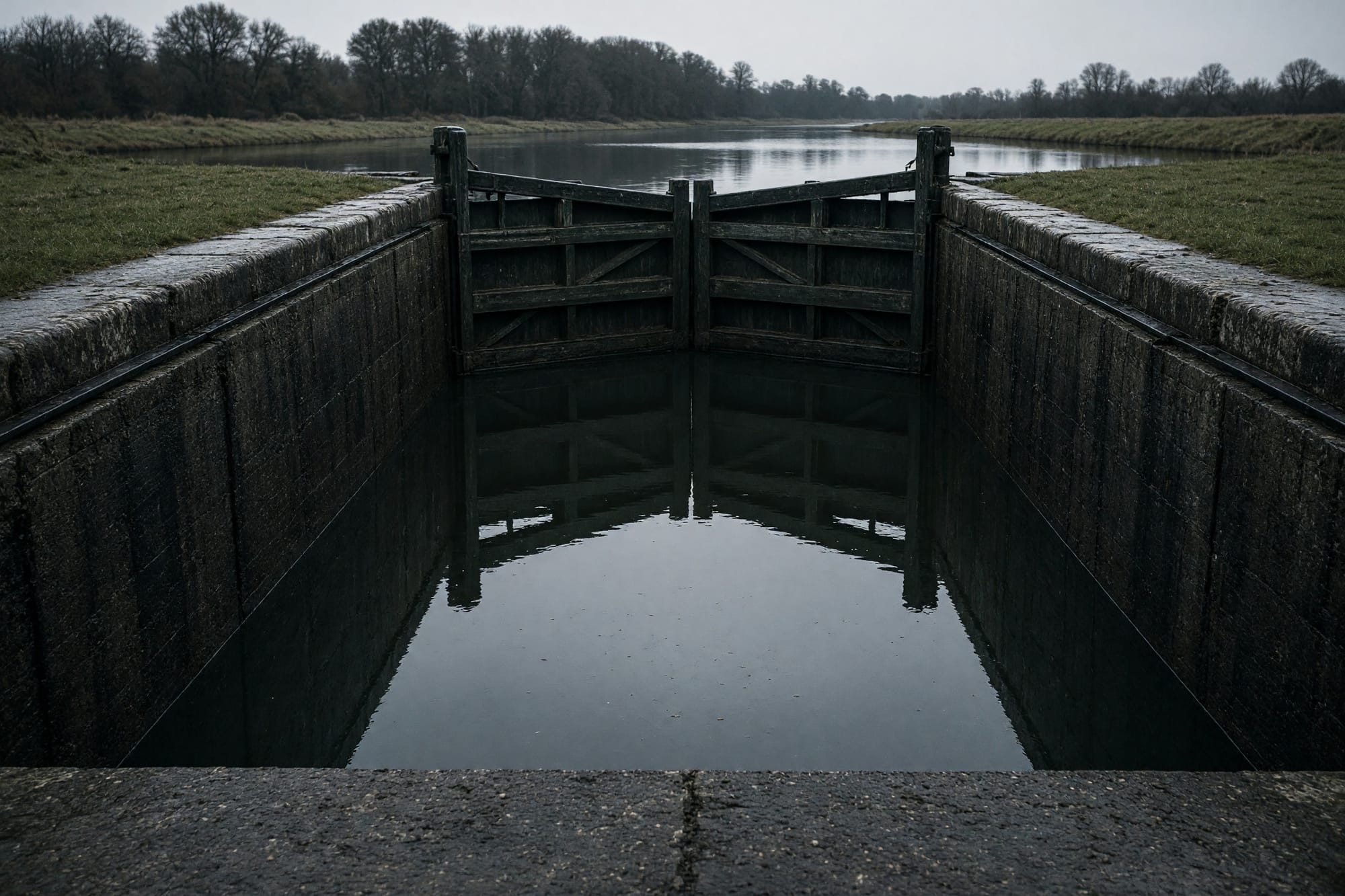 A canal lock chamber seen from above with the gates closed